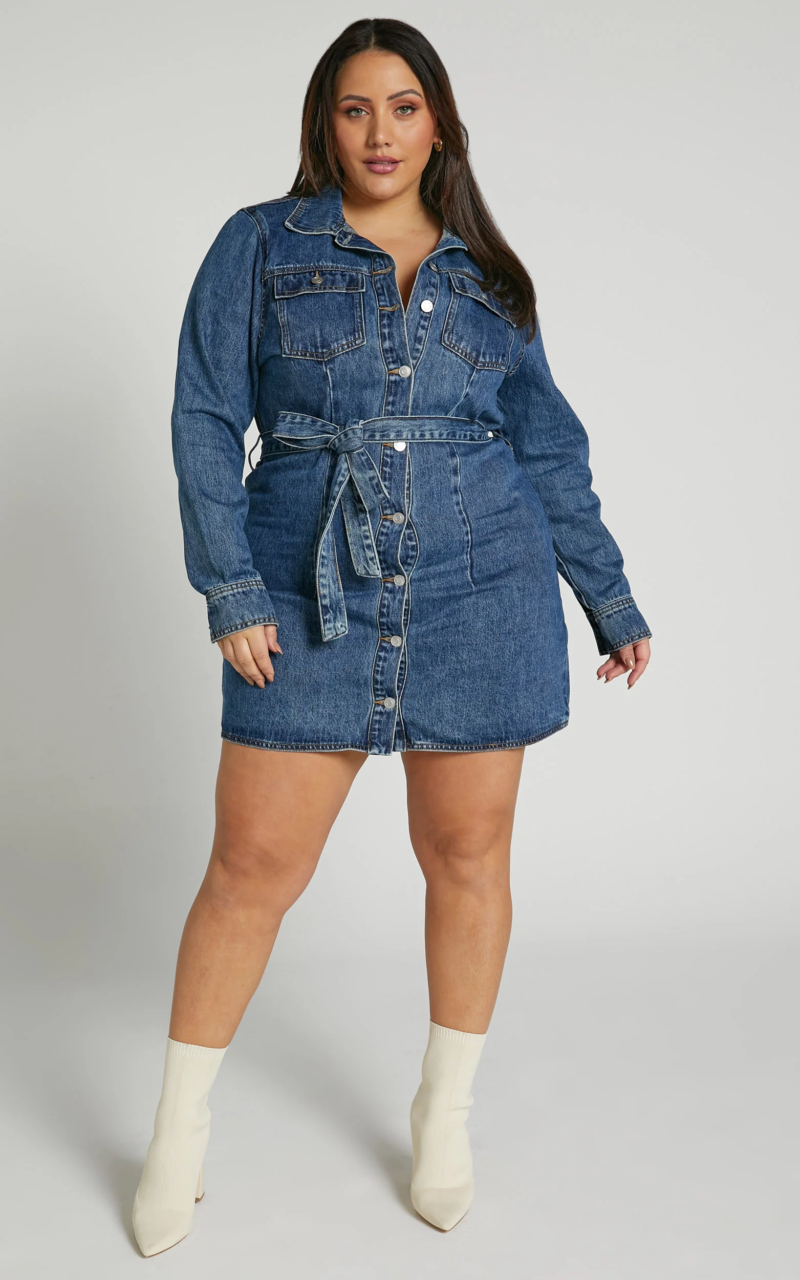 Enriquetta Mini Dress - Cotton Denim Long Sleeve Button Up Dress in Blue