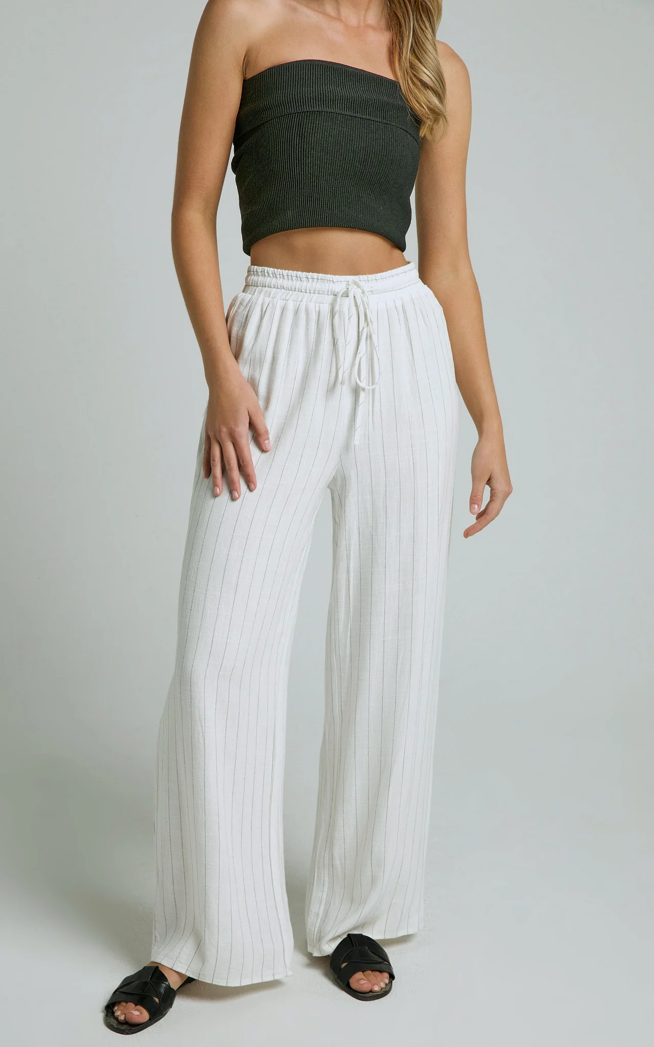 Barbra Pants - Pinstripe Linen High Waisted Relaxed Pants in White Stripe