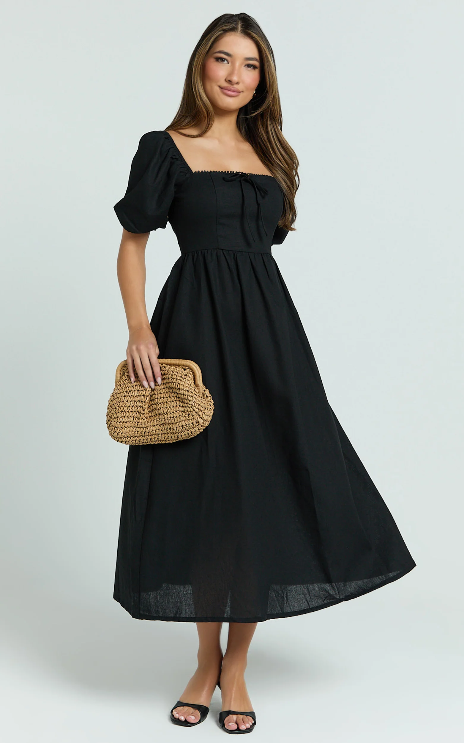 Quinn Midi Linen Blend Dress - Puff Sleeve Square Neck Dress in Black
