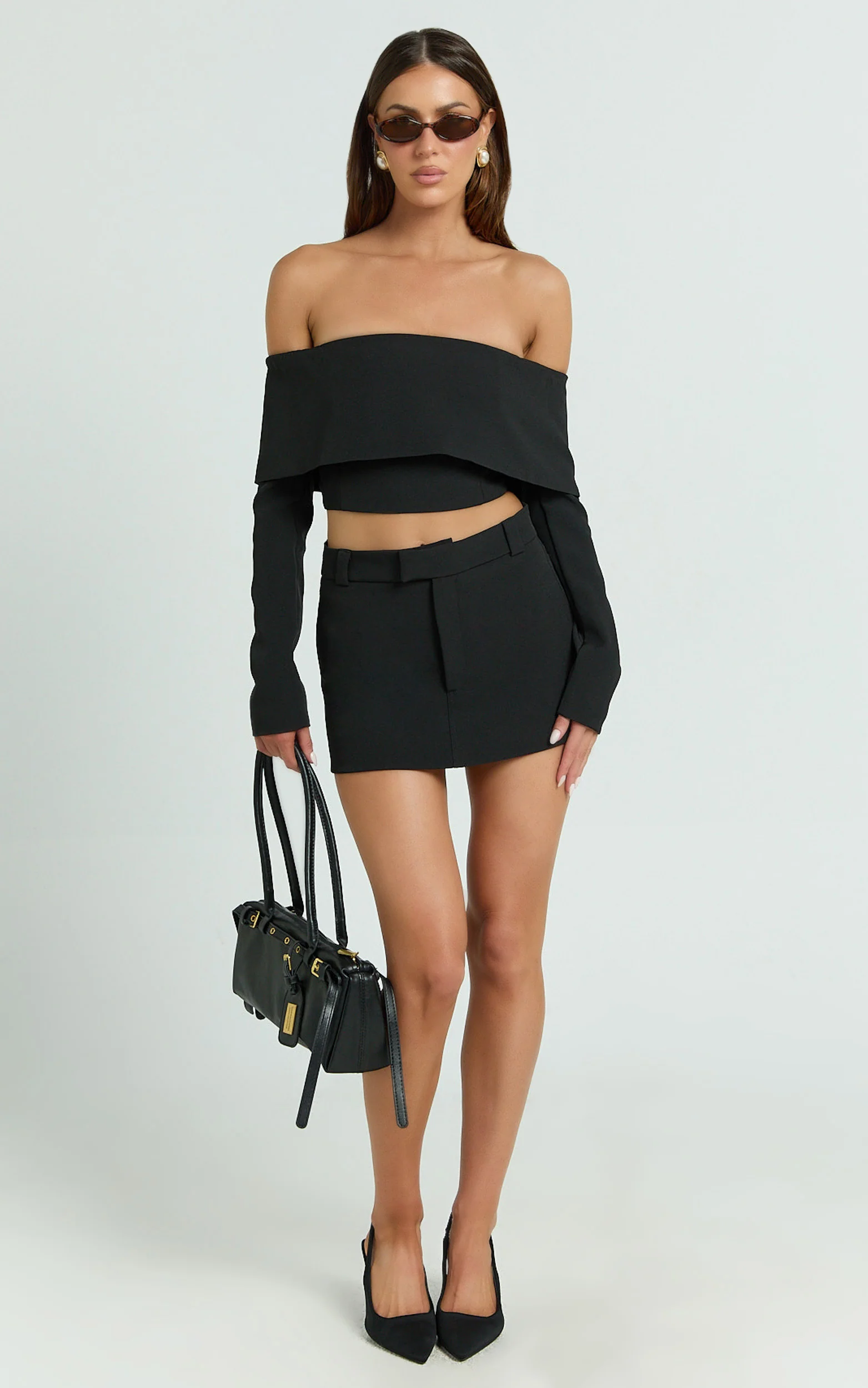 Ursula Top - Long Sleeve Off Shoulder Cropped Top in Black
