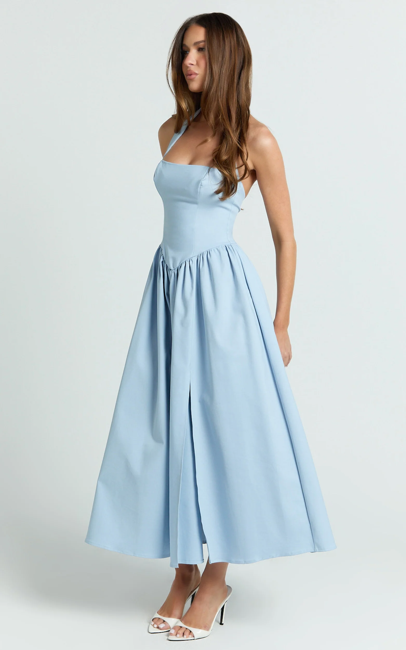 Helda Midi Dress - Halter Tie Neck Corset Panel Dress in Soft Blue