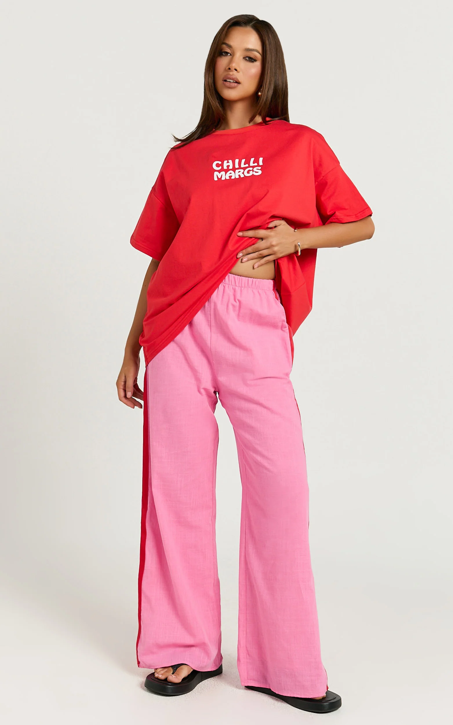 Editha Two Piece Set - Chilli Margs Oversized Tee and Stripe Pant Set in Red/Pink
