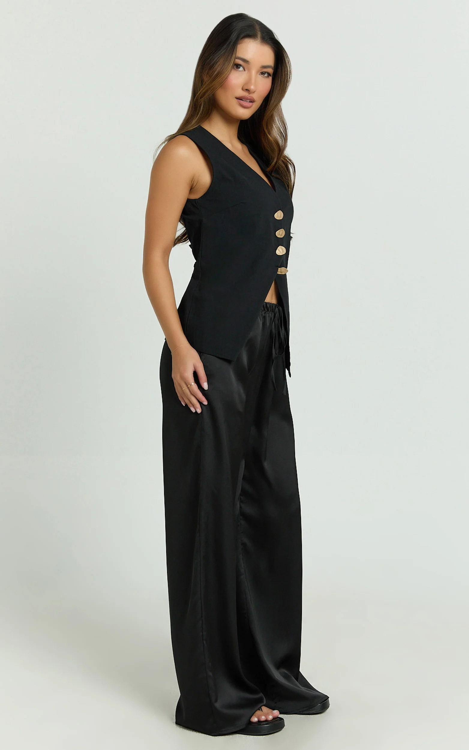 Myrna Two Piece Set - Gold Hardware Waistcoat Top and Relaxed Satin Pants Set in Black