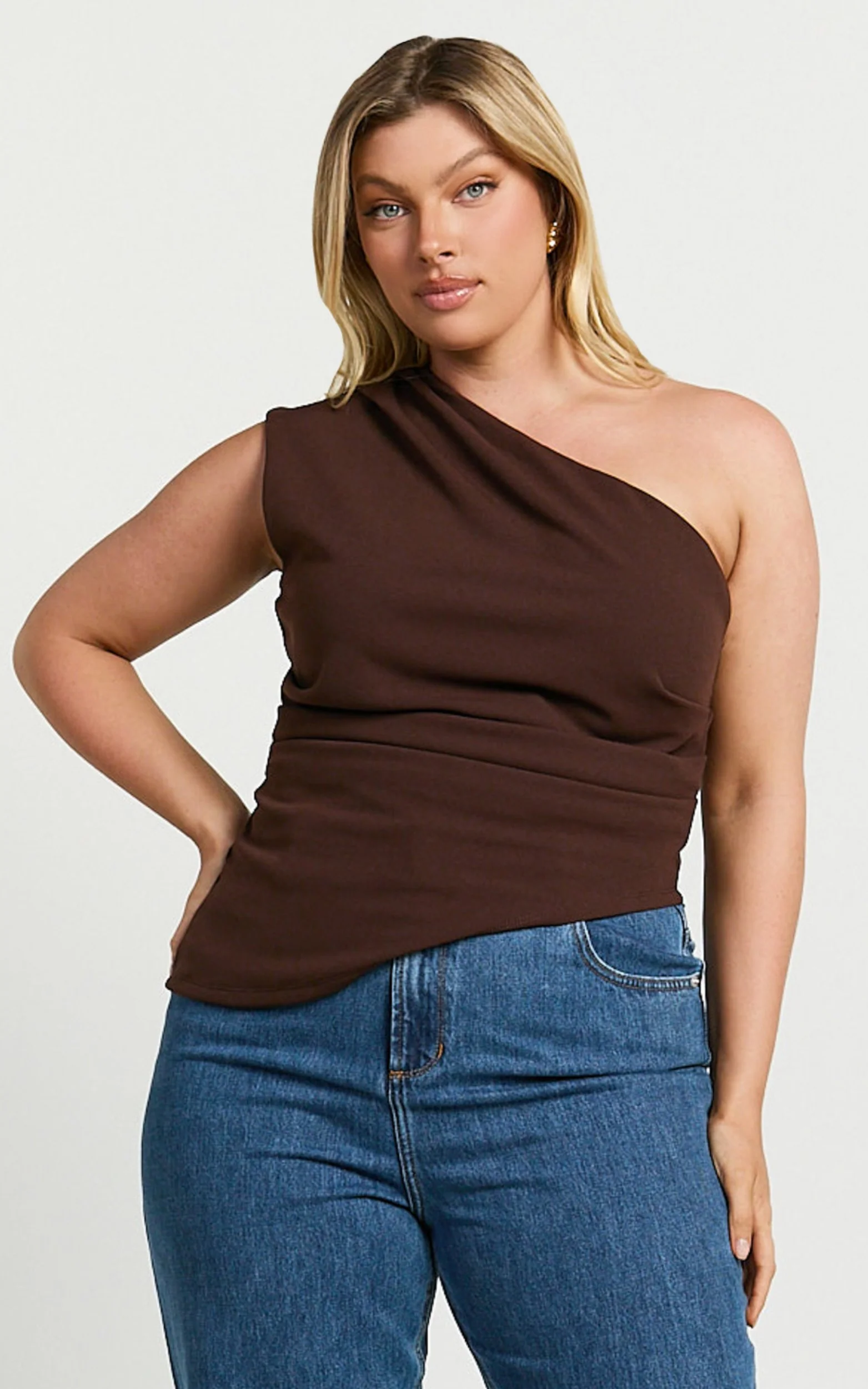 Amal Top - Asymmetrical One Shoulder Gathered Top in Chocolate