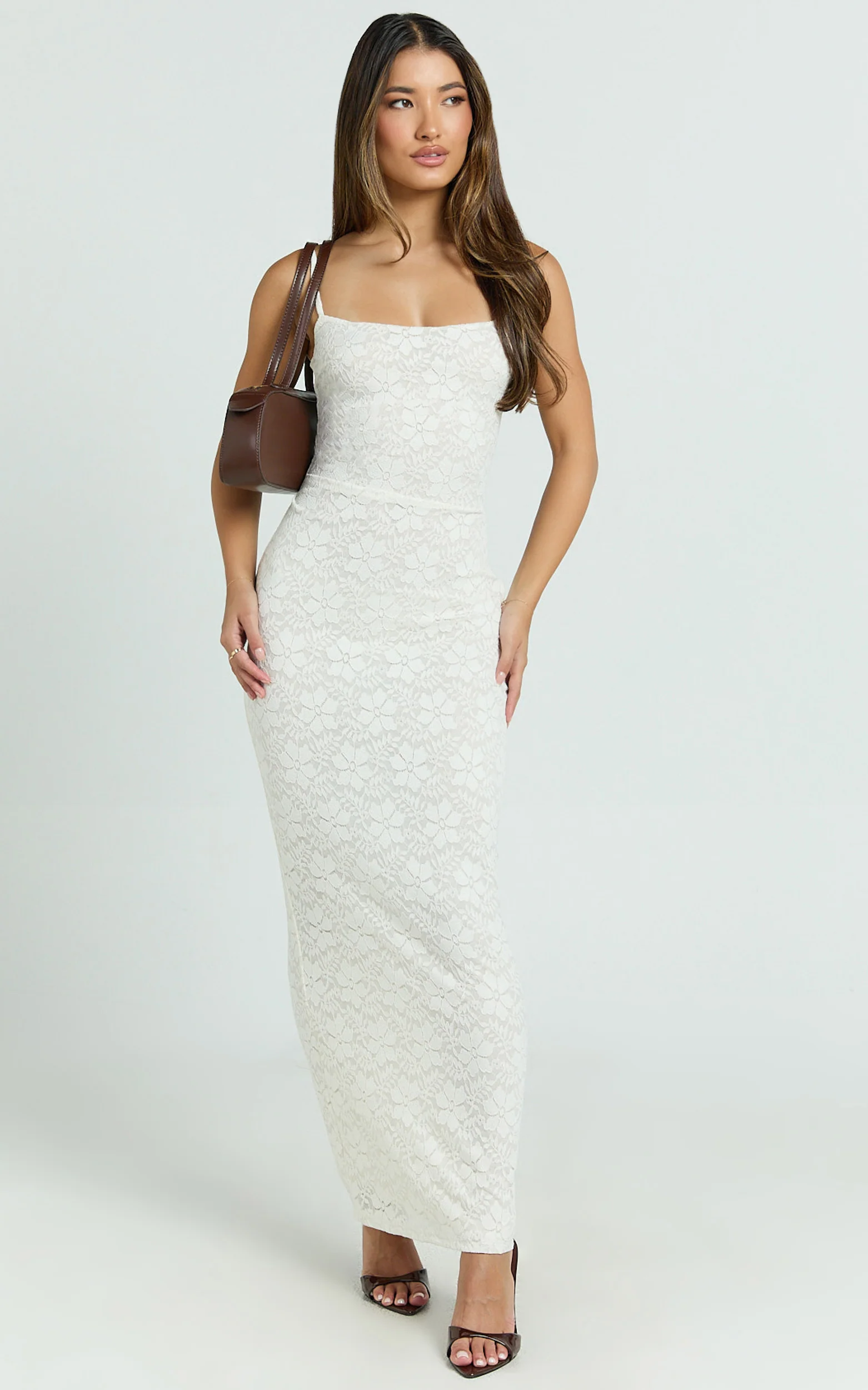 Carly Maxi Dress - Stretch Lace Scoop Neck Dress in Off White