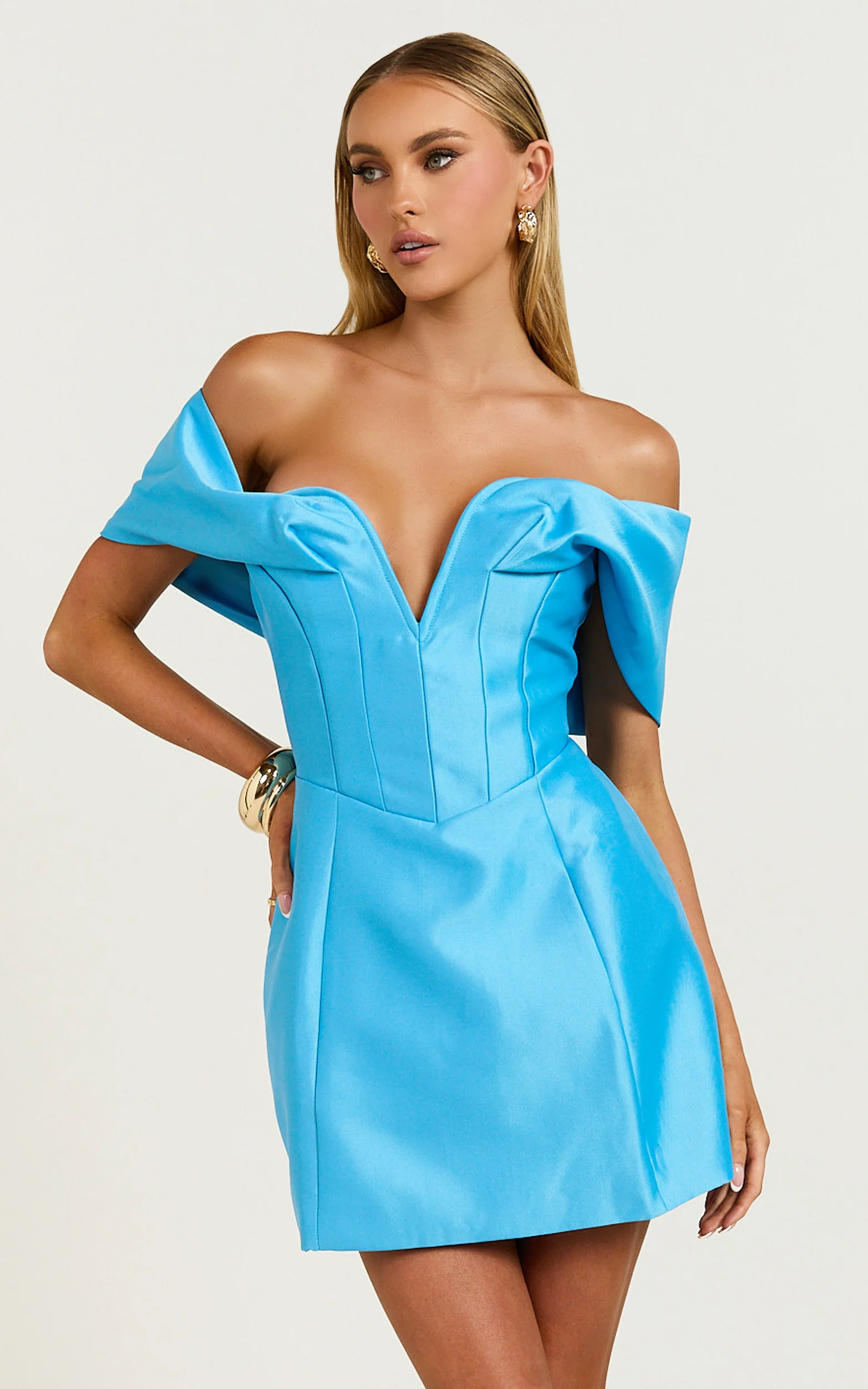 Jayce Mini Dress - Plunge Neck Off Shoulder Tulip Dress in Blue