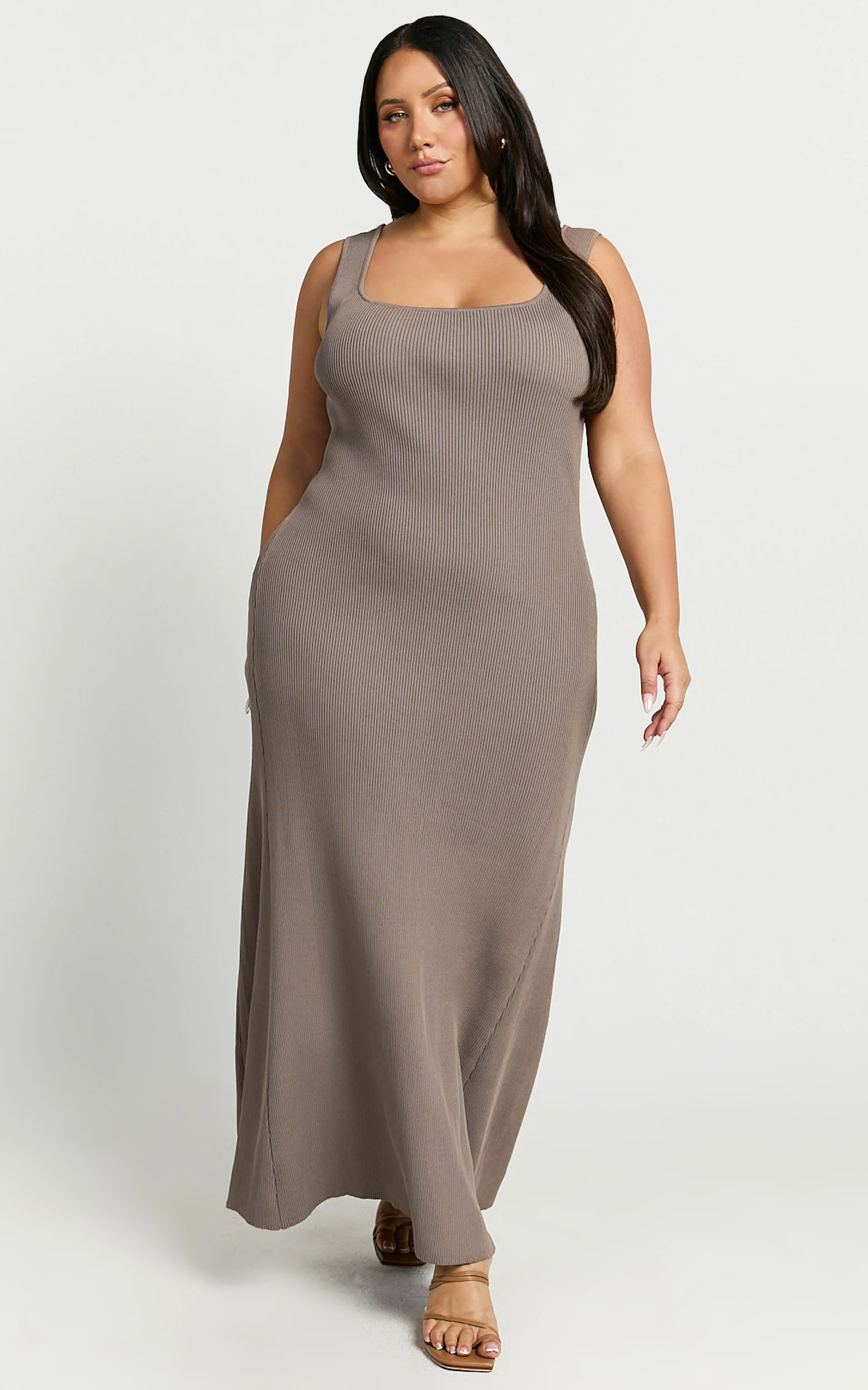 Shelley Maxi Dress - Knitted Scoop Neck Slip Dress in Taupe