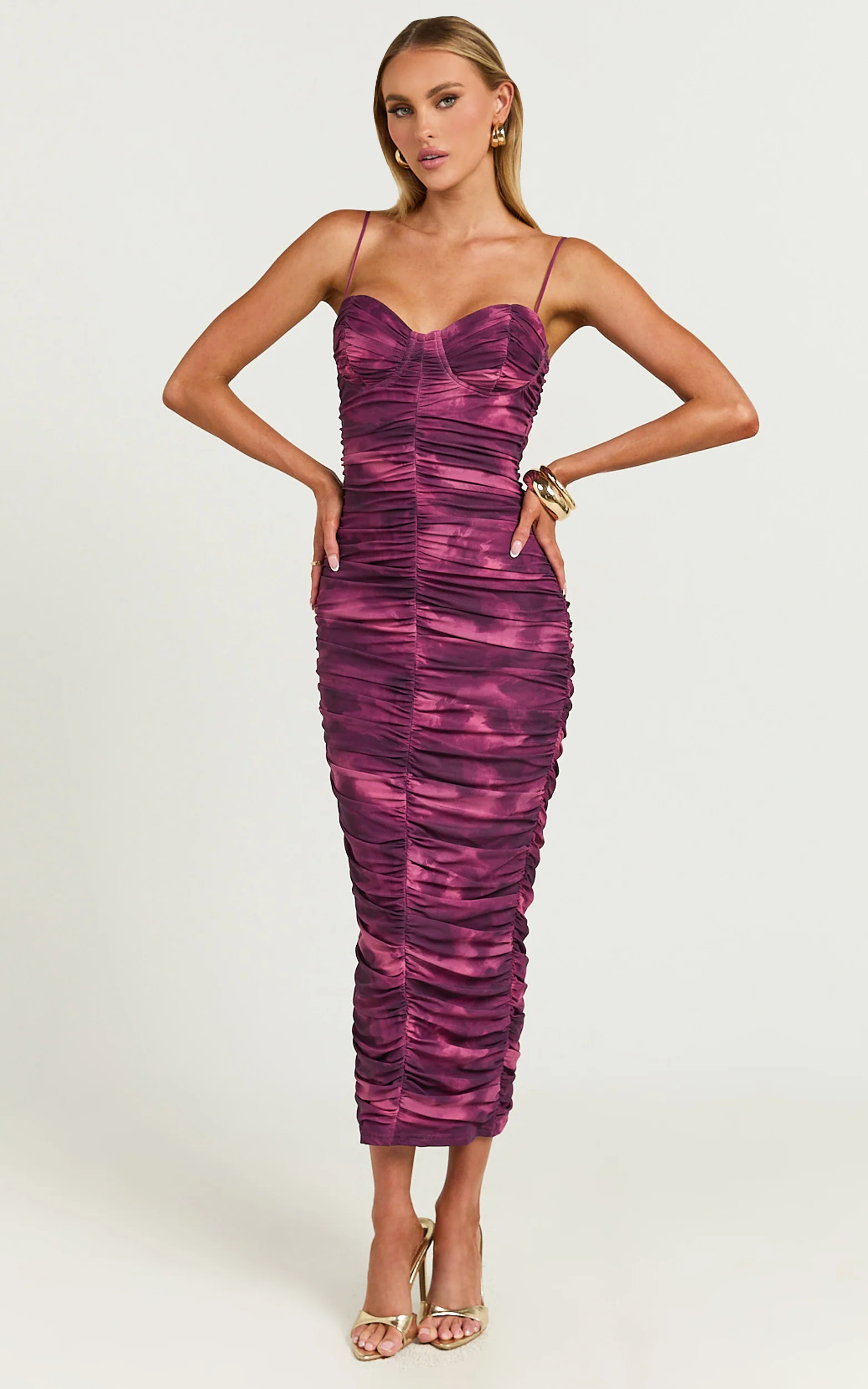 Leanor Midi Dress - Mesh Ruched Bustier Bodycon Dress in Purple Fields
