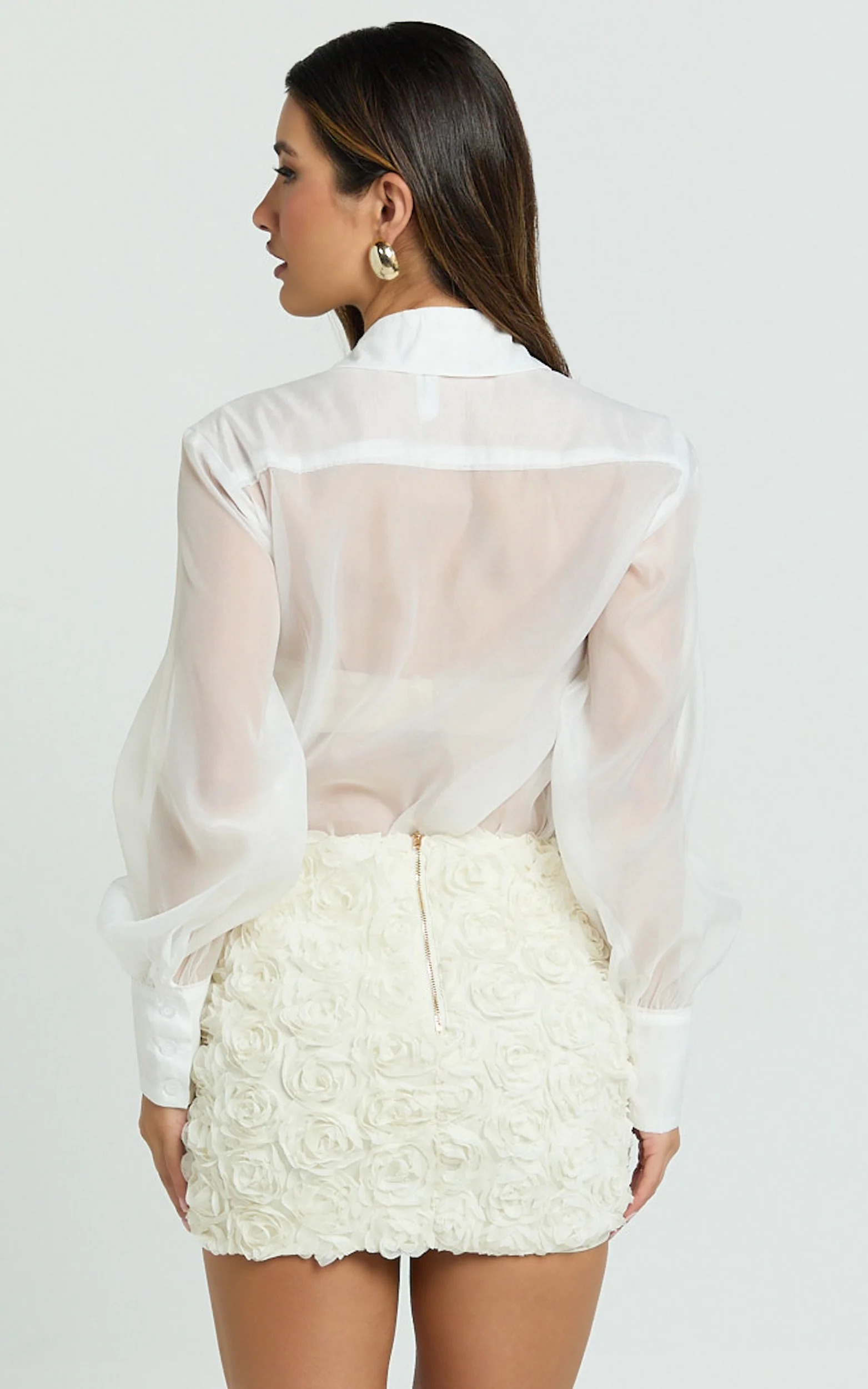 Alvana Shirt - Organza Gold Hardware Feature Button Blouse Shirt in White