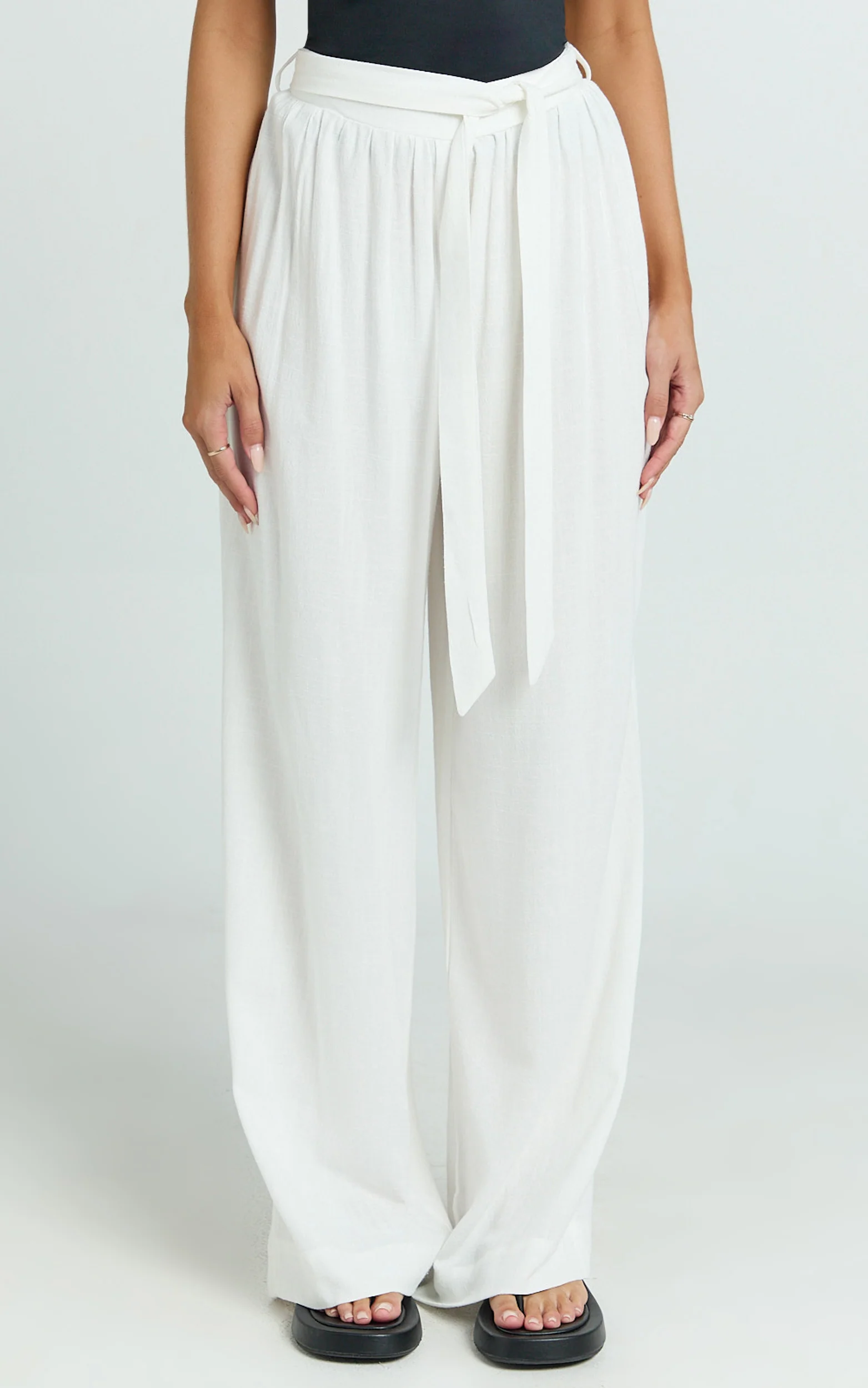 Kalli Pants - Linen Look Belted Wide Leg Relaxed Pants in White