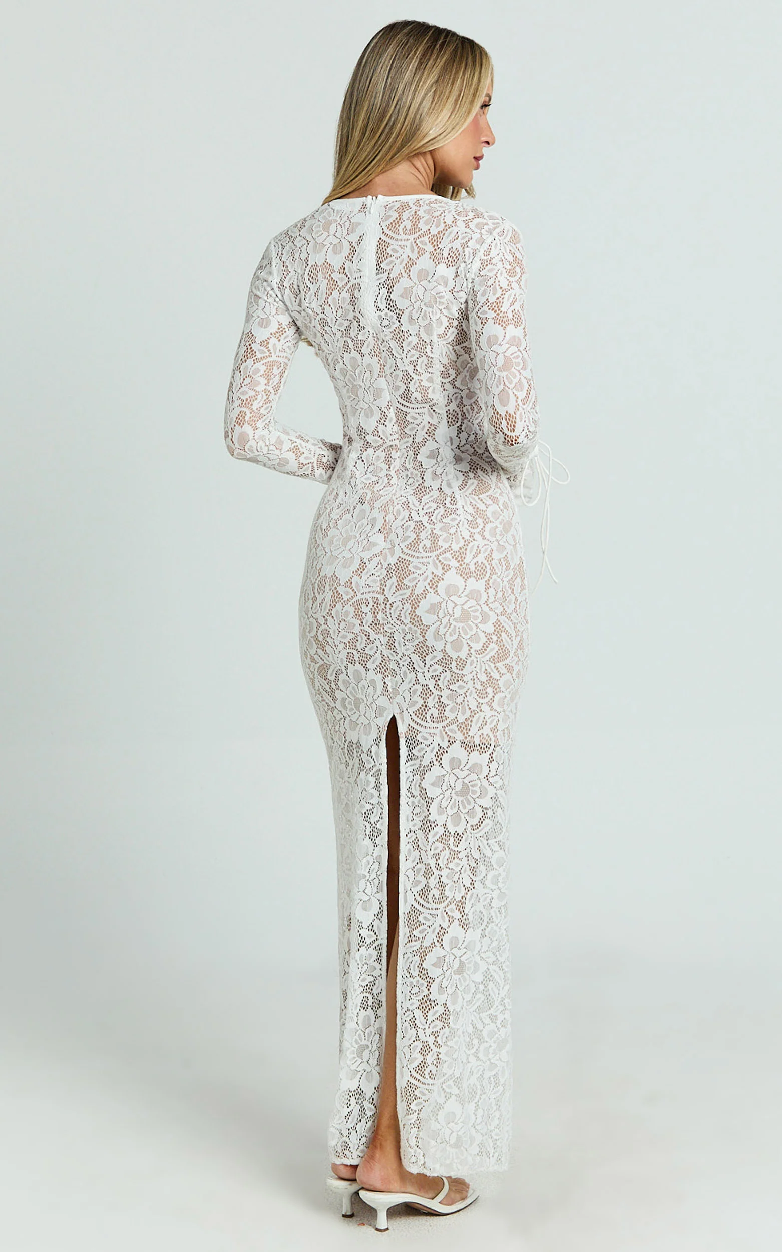 Paula Maxi Dress - Lace V Neck Long Sleeve Column Dress in White