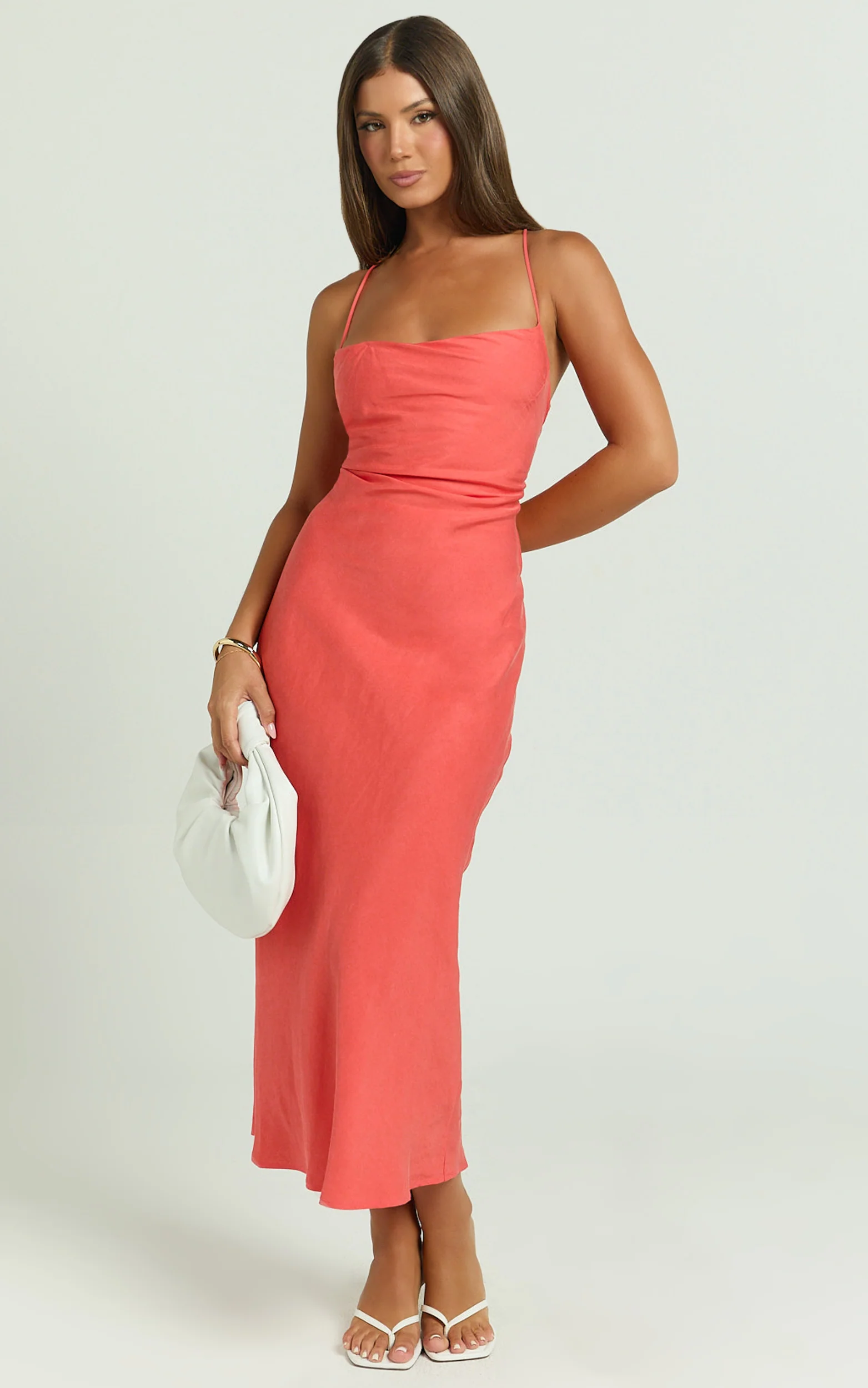 Evangeline Midi Dress - Square Neck Cross Back Bias Dress in Coral
