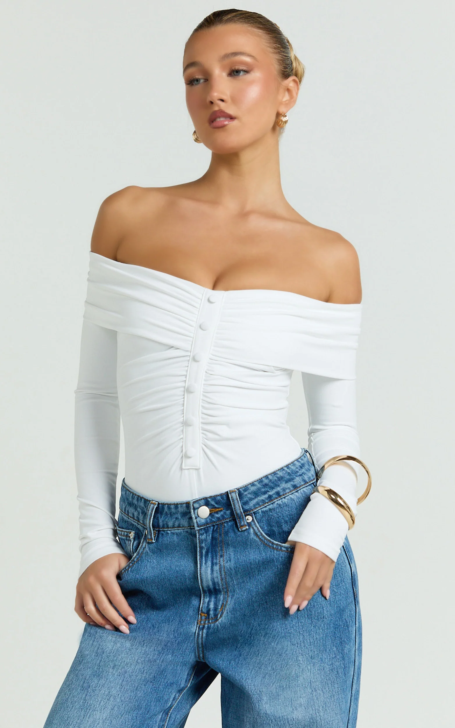 Charisse Bodysuit - Off Shoulder Button Down Bodysuit in White