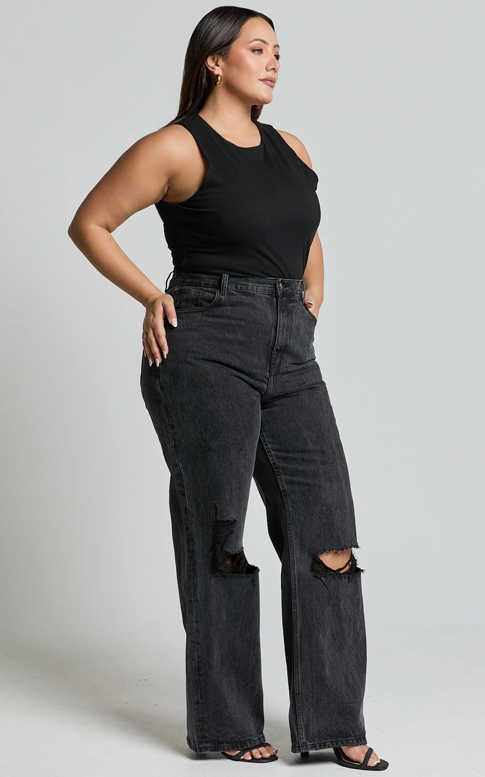 Miho Jeans - High Waisted Recycled Cotton Distressed Straight Leg Denim Jeans in Washed Black