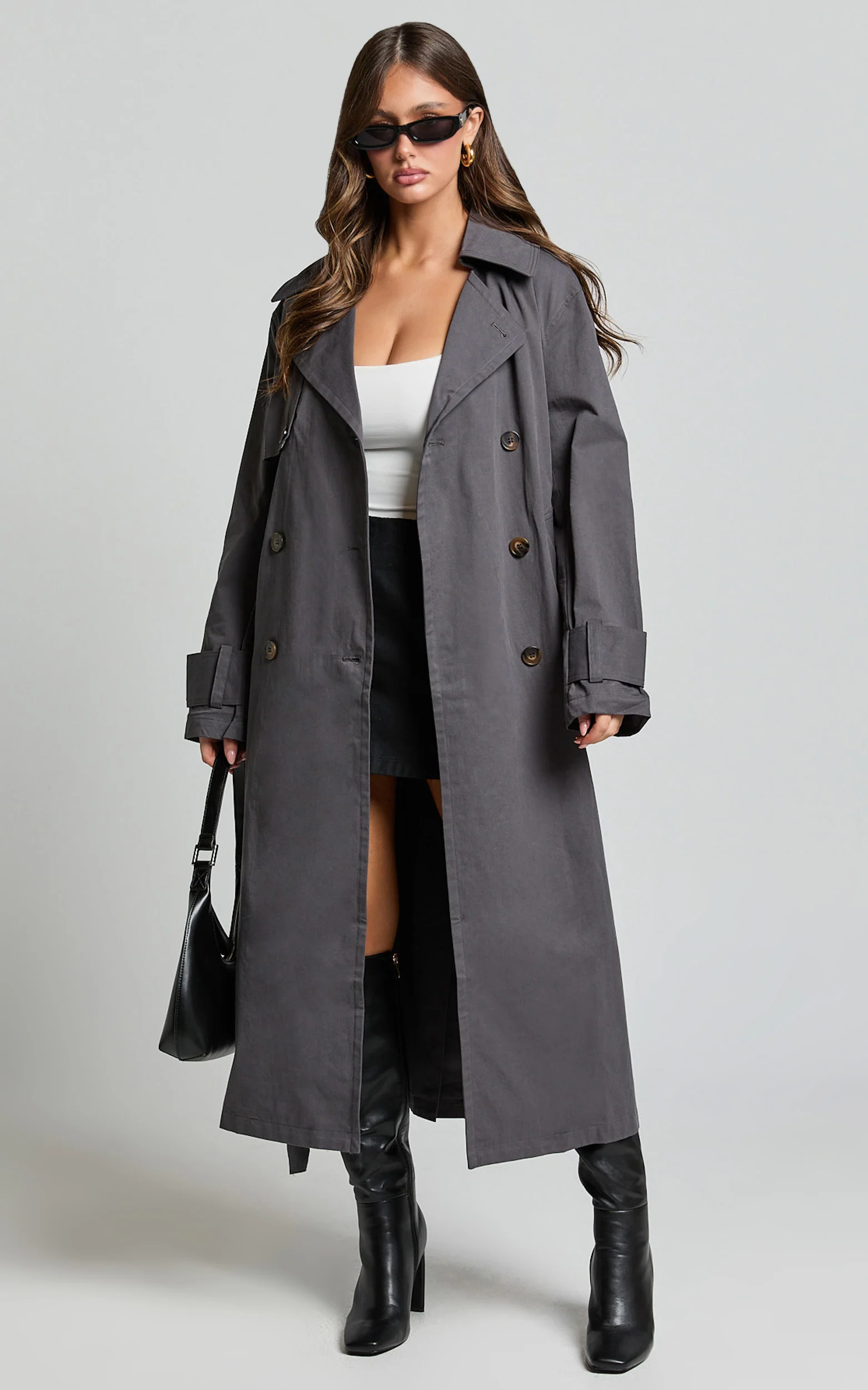 Avah Trench Coat - Double Breasted Tie Waist Coat in Charcoal