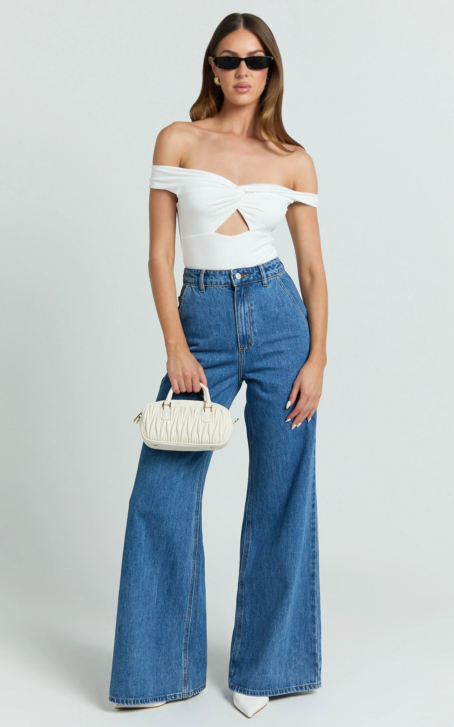 Helen Bodysuit - Twist Off Shoulder Cut Out Bodysuit in White