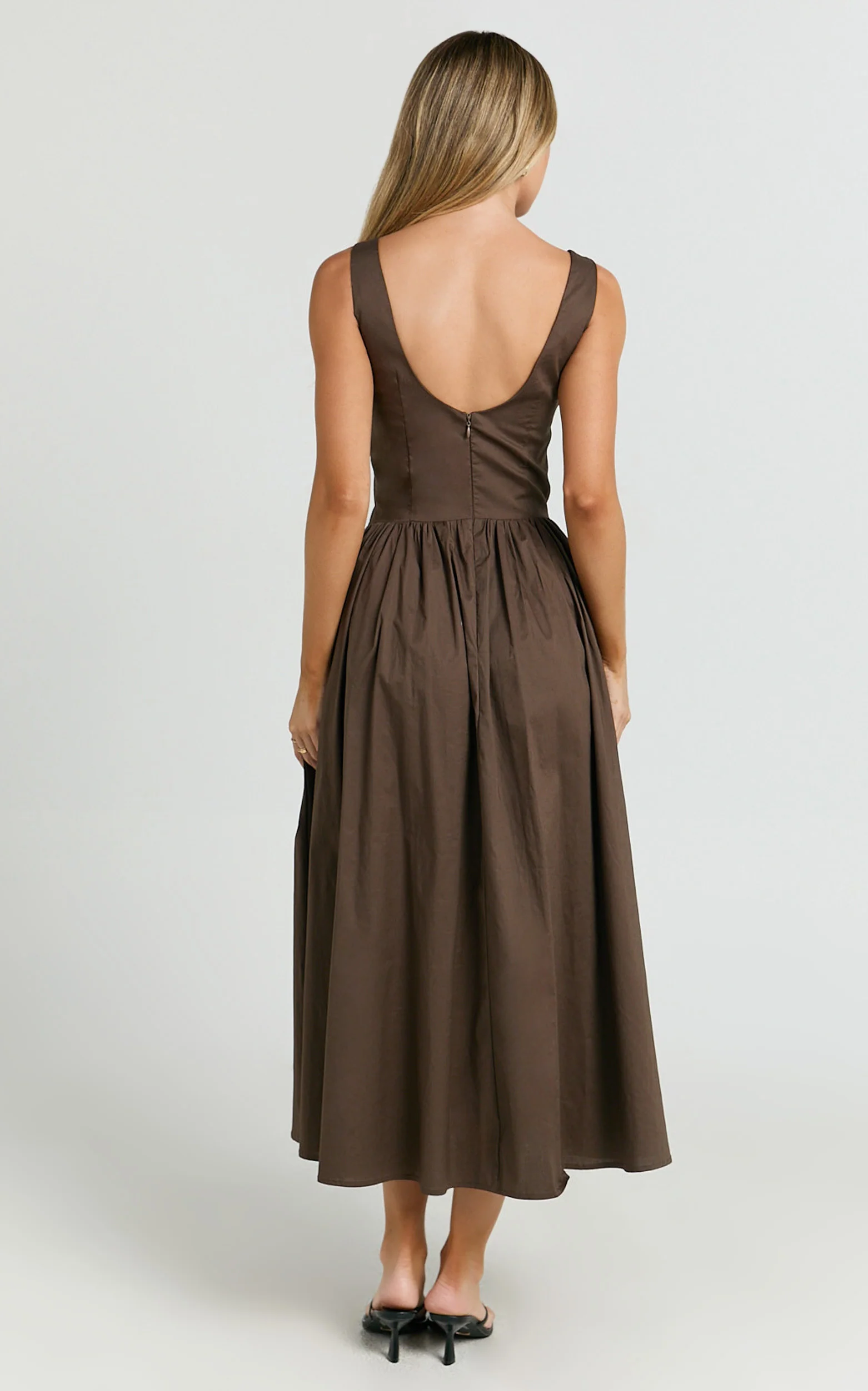 Beckett Midi Dress - Scoop Neck Drop V Waist Gathered Skirt Dress in Dark Chocolate