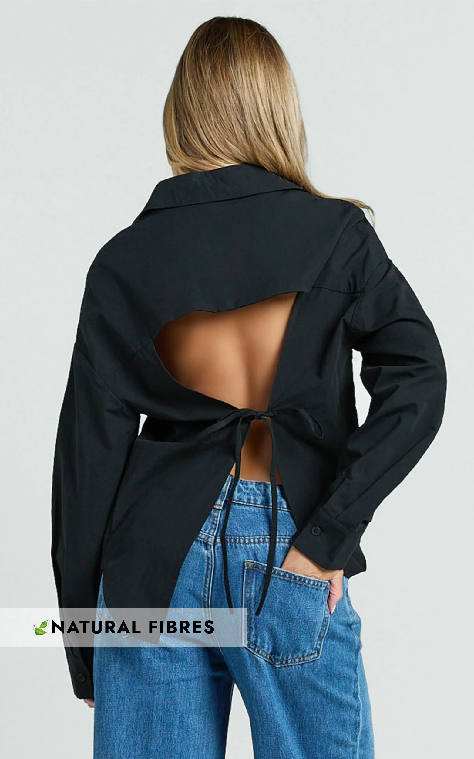 Amaris Top - Long Sleeve Open Back Tie Shirt in Black