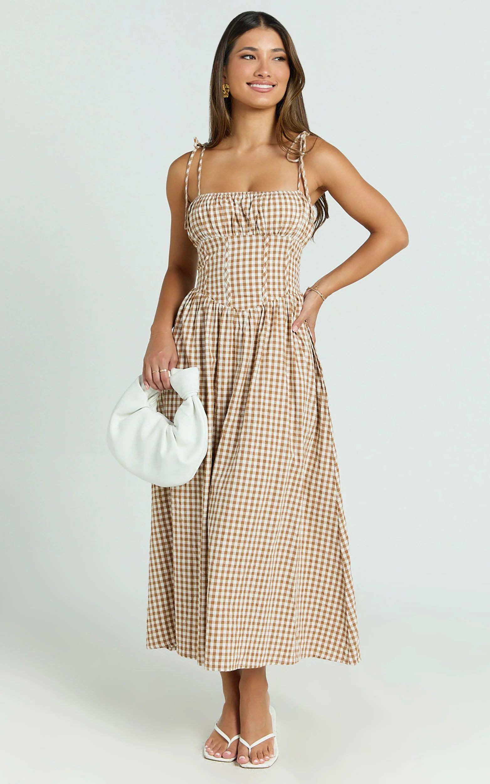 Austin Midi Dress - Straight Neck Gathered Bust Fitted Corset Drop Waist Gathered Skirt Dress in Caramel and White Gingham