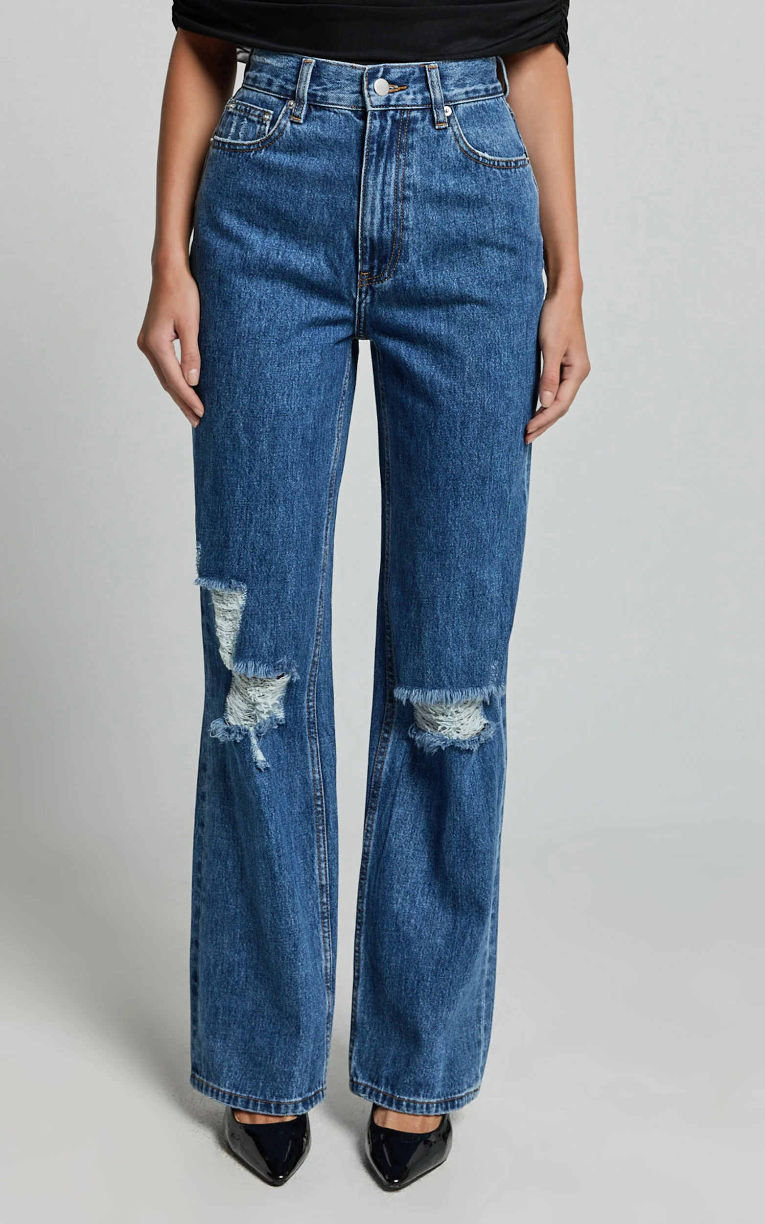 Miho Jeans - High Waisted Recycled Cotton Distressed Straight Leg Denim Jeans in Dark Blue Wash