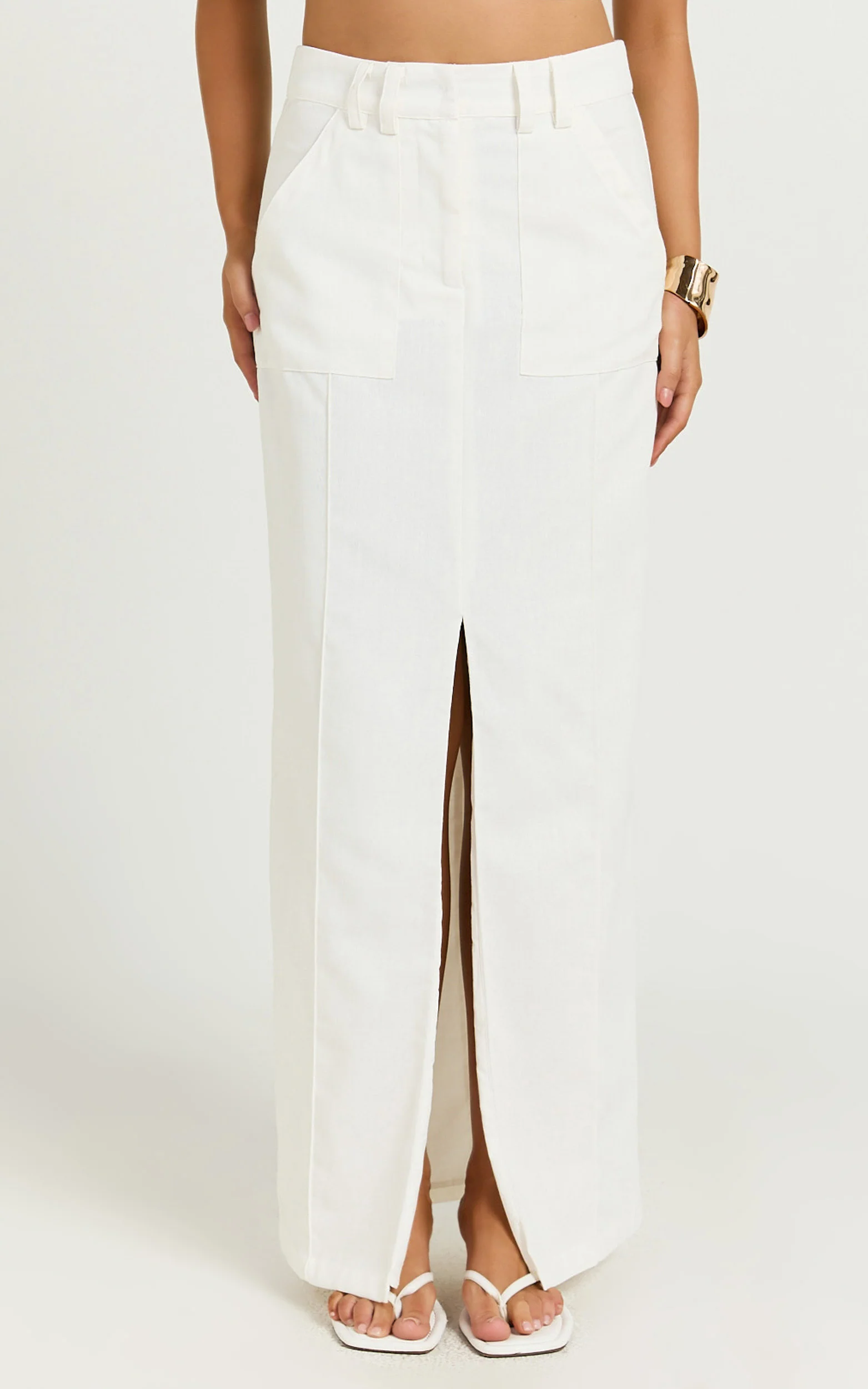 Bethany Maxi Skirt - High Waist Linen Front Split Cargo Skirt in Off White