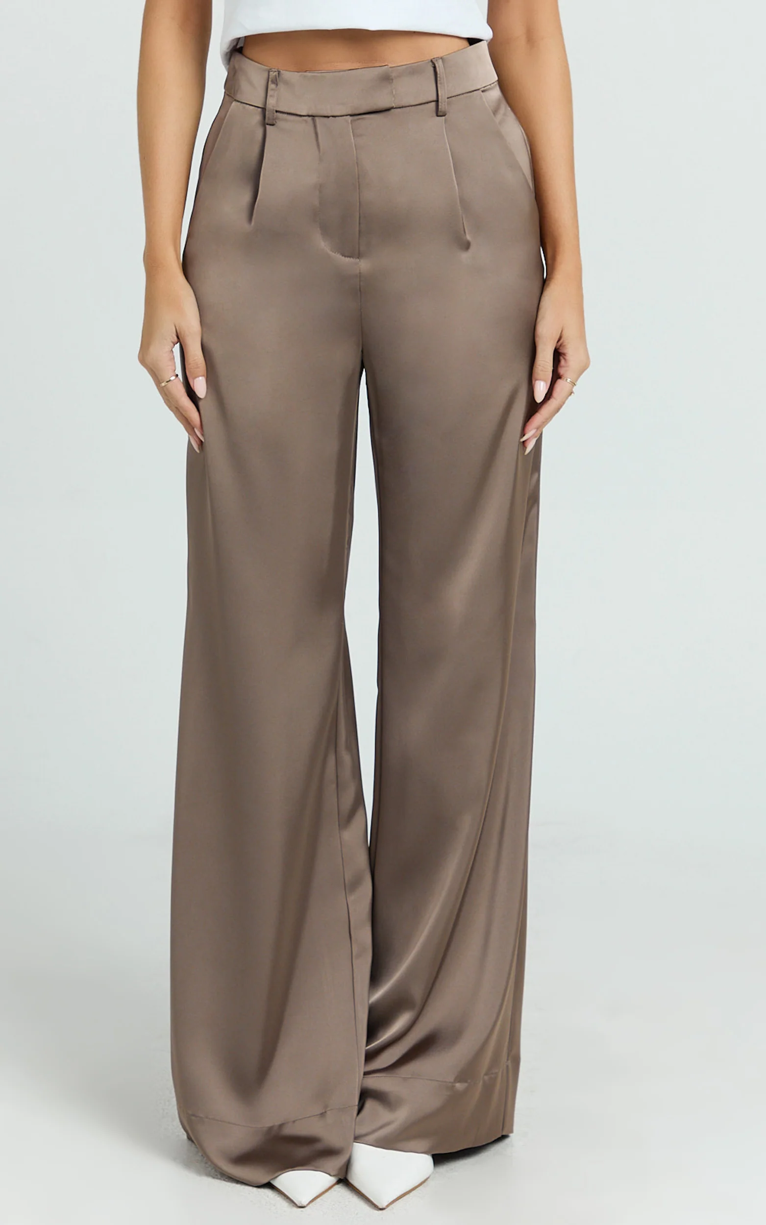 Cade Pants - Mid Waisted Front Pleat Satin Wide Leg Pants in Taupe