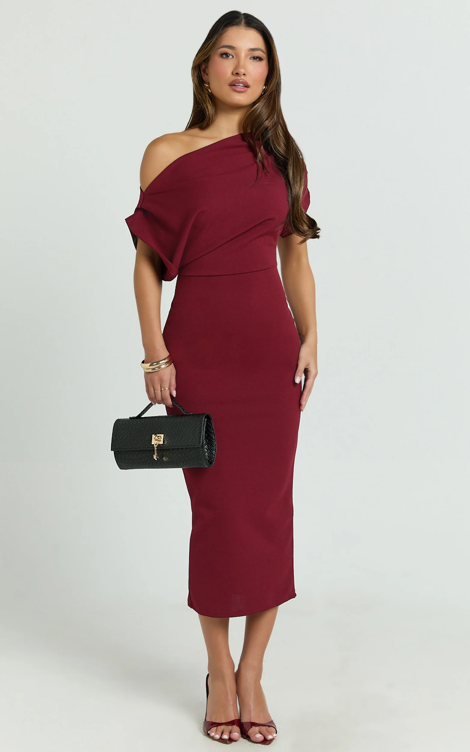 Nalfie Midi Dress - Tipped Shoulder Jersey Drape Dress in Wine