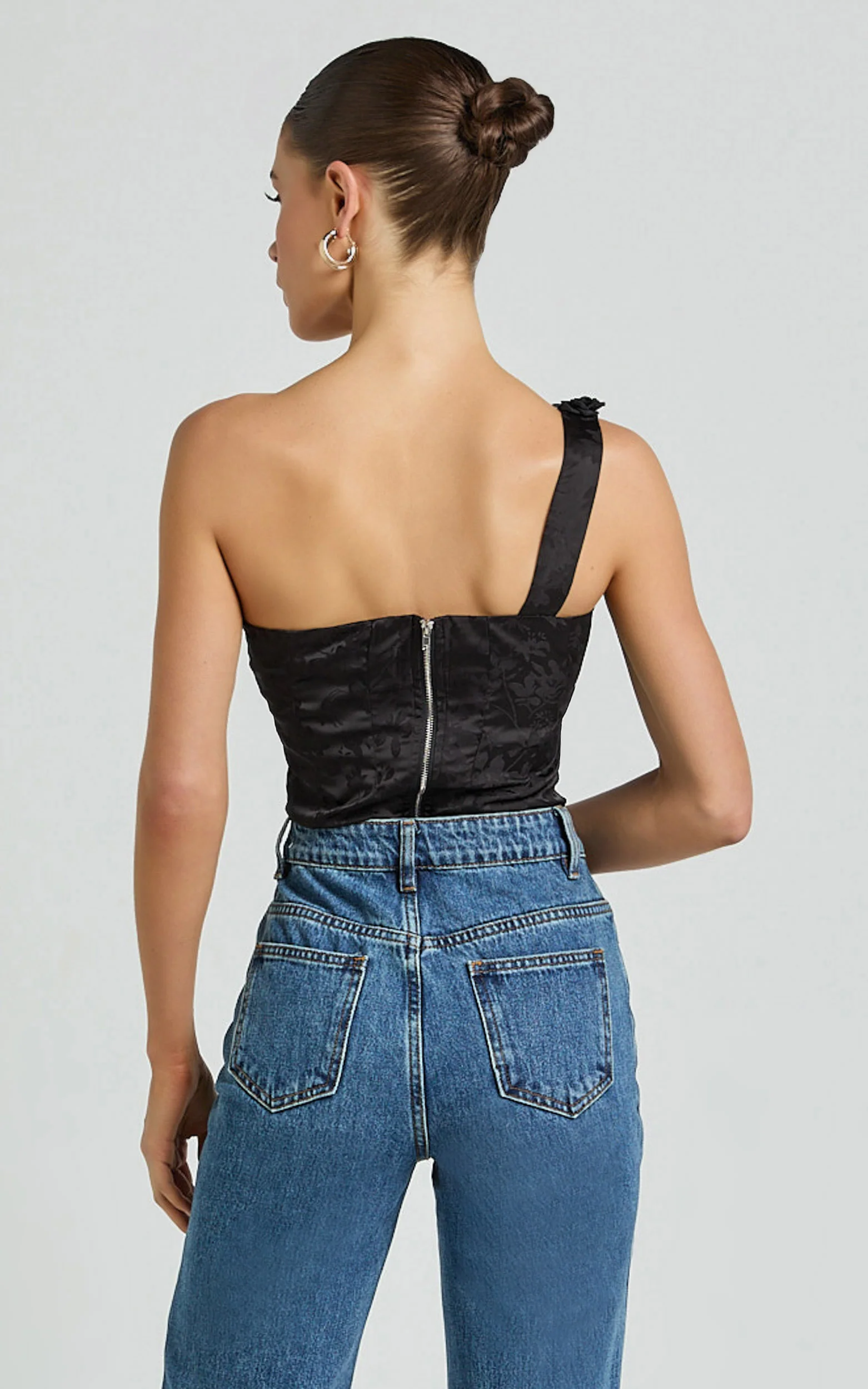 Gemma Top - One Shoulder Rosette Detail Top in Black