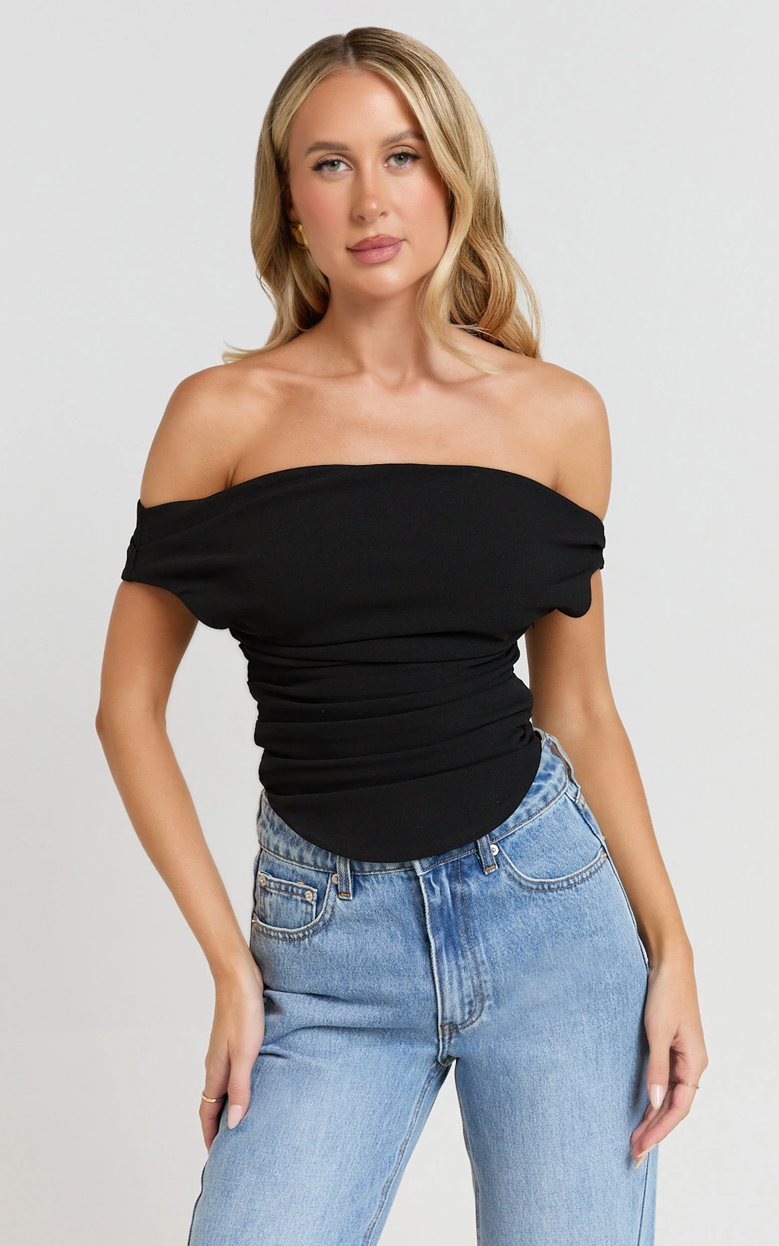 Cleo Top - Off Shoulder Curved Hem Top in Black