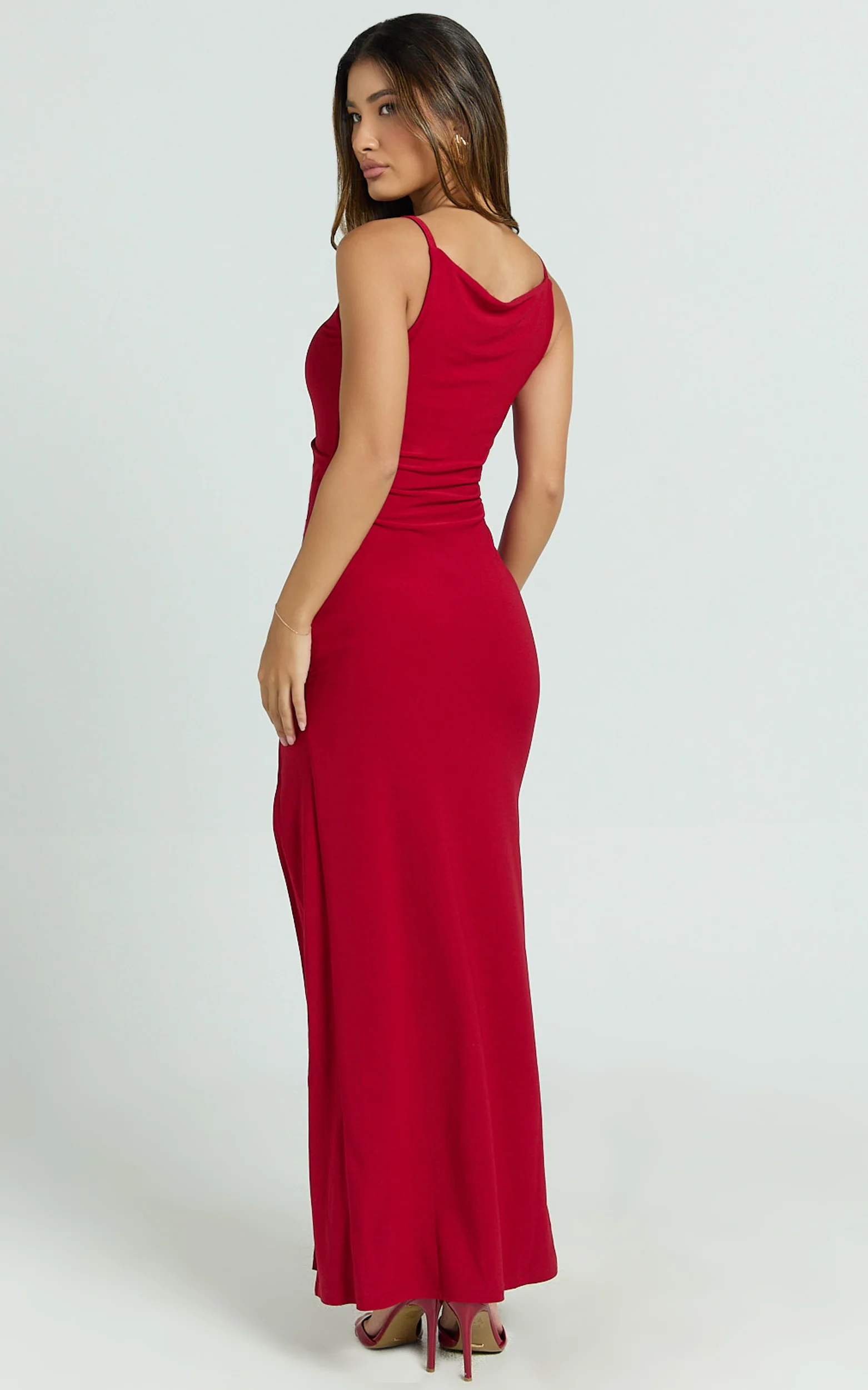 Audette Maxi Dress - Boat Neck Ruched Fitted Dress in Red