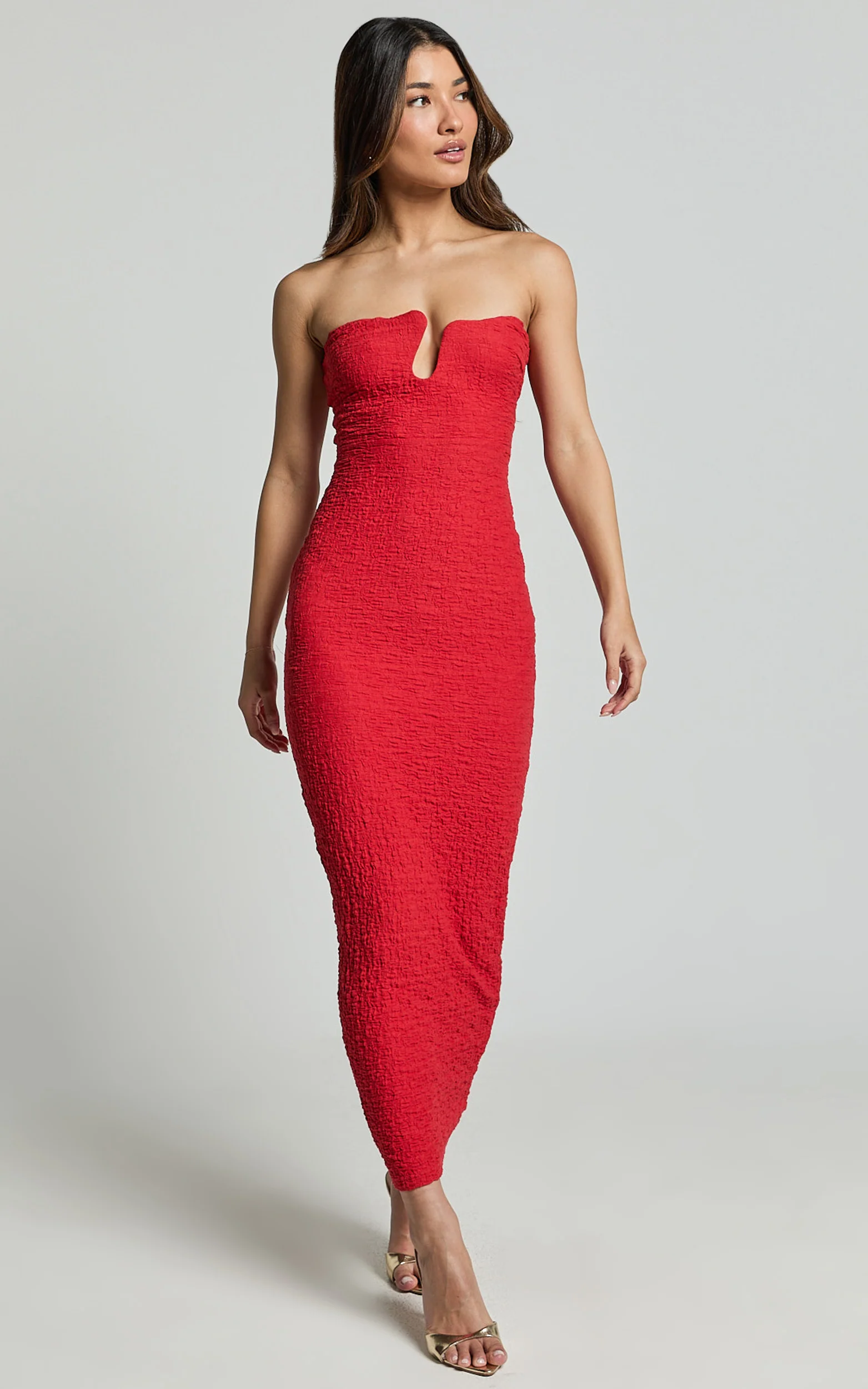 Alberta Maxi Dress - Strapless bust detail textured dress in Red