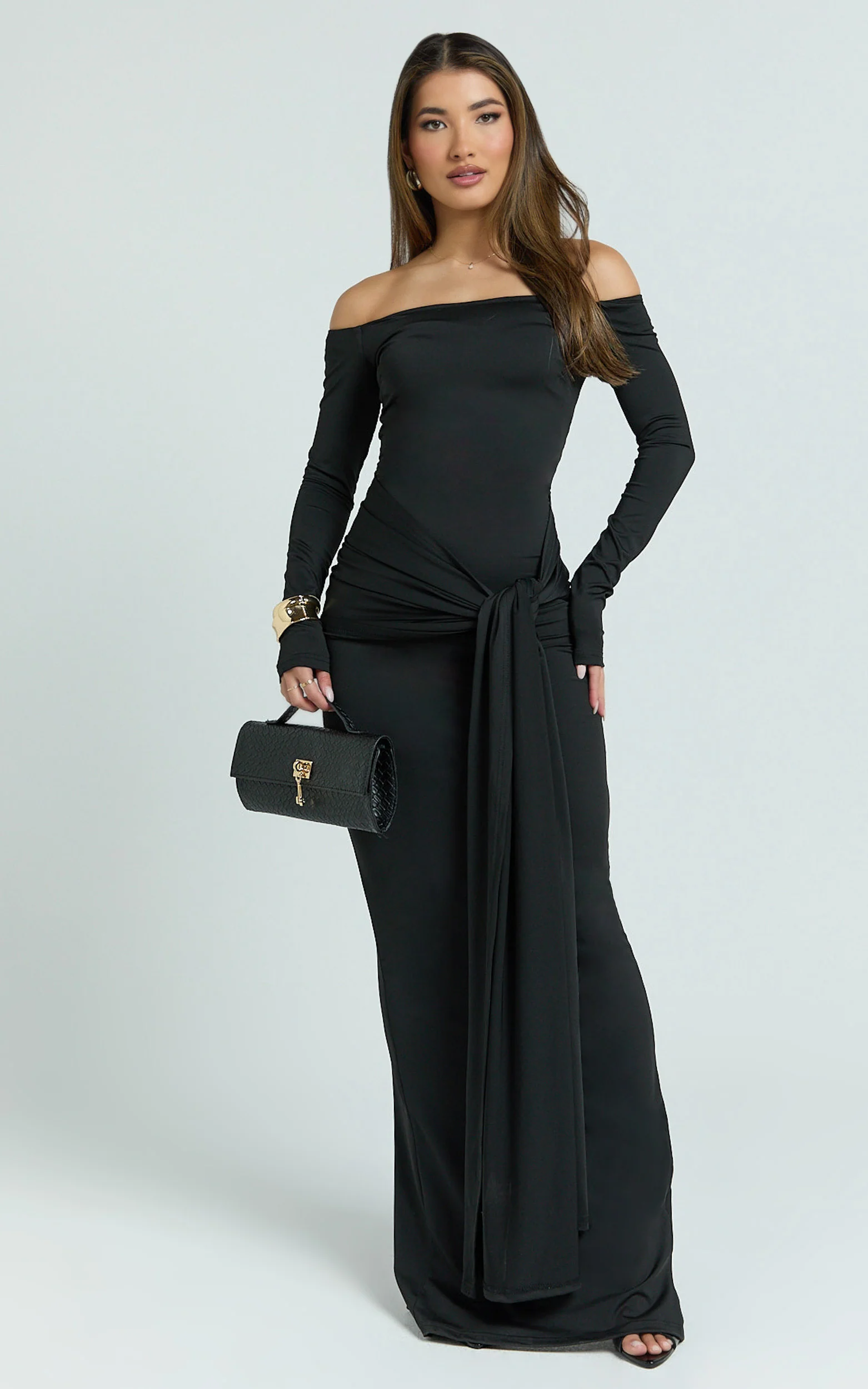 Judith Maxi Dress - Boat Neck Backless Tie Front Long Sleeve Jersey Dress in Black