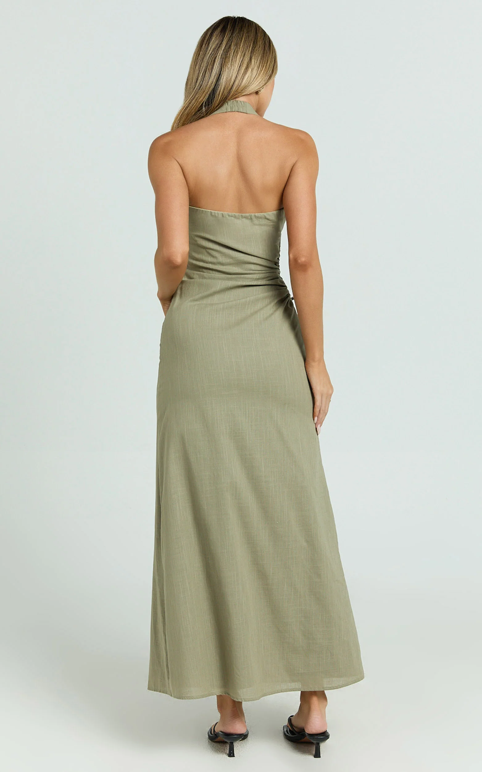 Myra Maxi Dress - Halter Ruched Side Dress in Olive