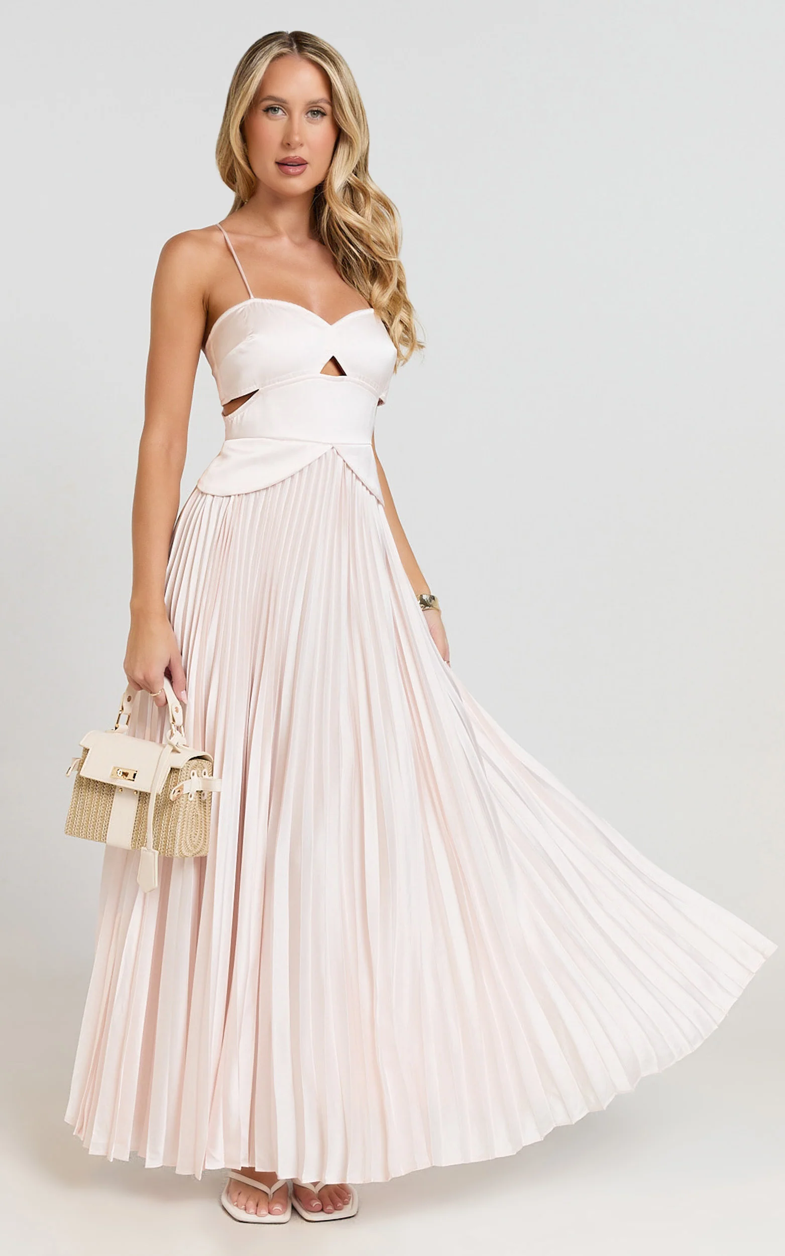 Shay Maxi Dress - Sweetheart Cut Out Pleated Dress in Soft Pink
