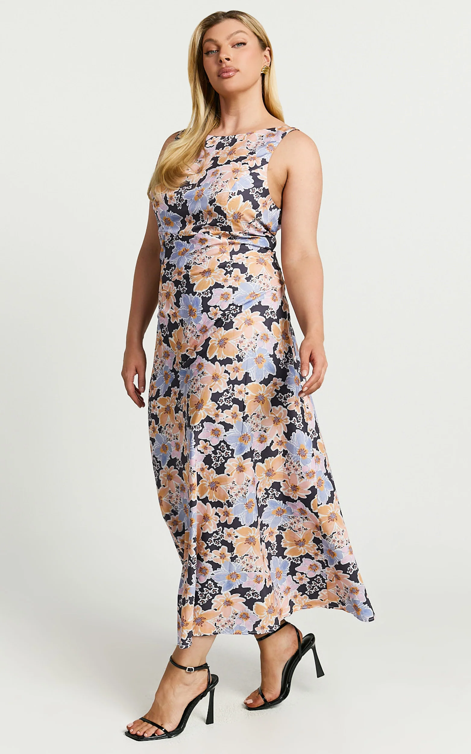 Jenibelle Midi Dress - Boat Neck Open Back Sleeveless Bias Cut Slip Dress in Mellow Floral