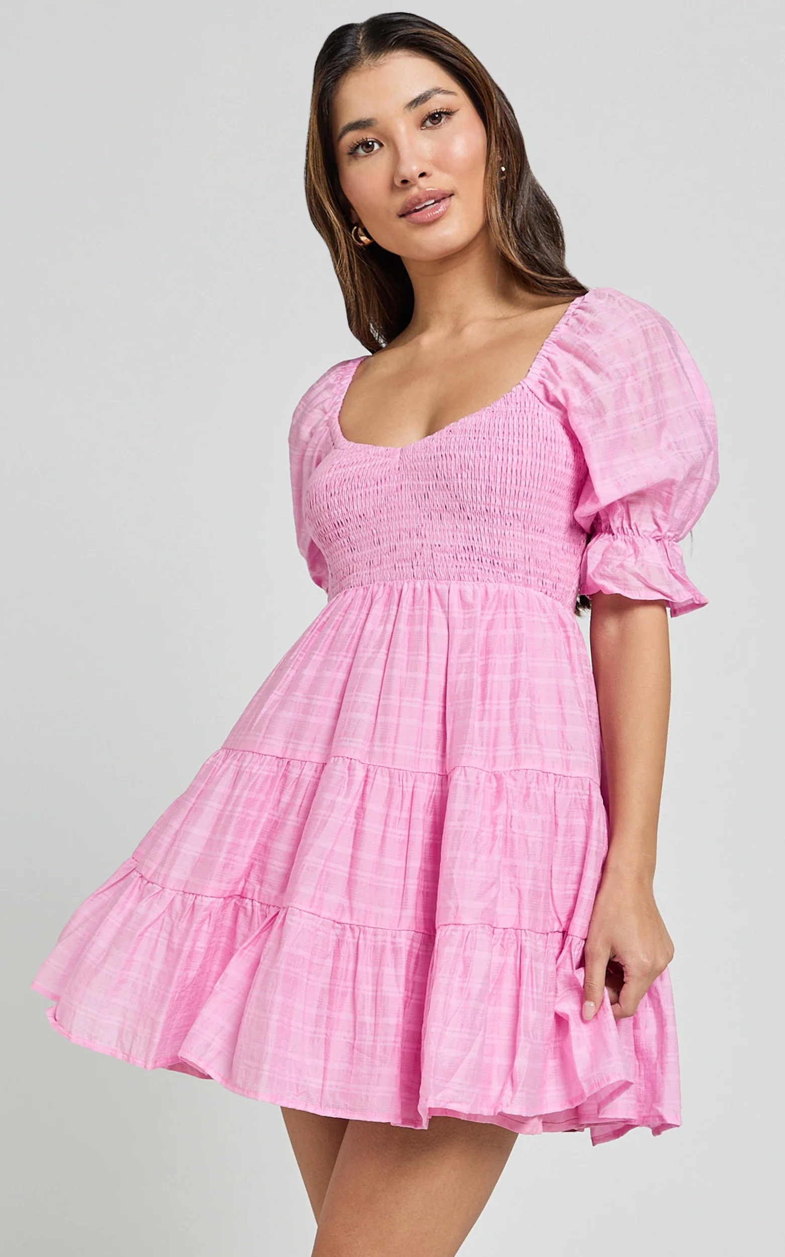 Britany Mini Dress - Shirred Puff Sleeve Tiered Dress in Pink