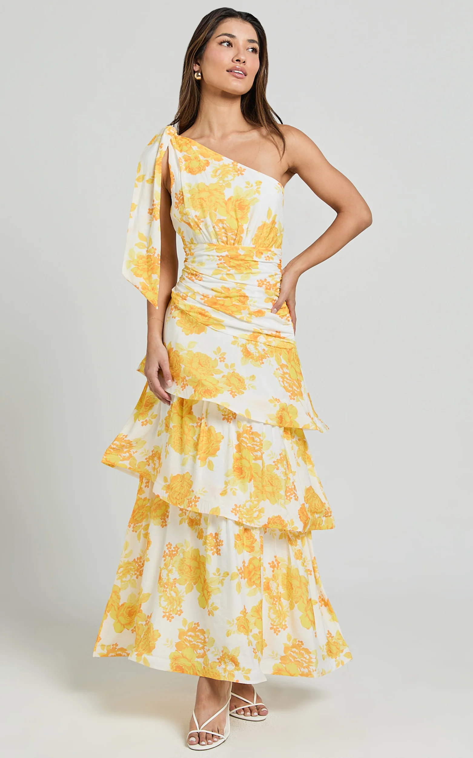 Krissy Midi Dress - Asymmetrical Tie Shoulder Layered Dress in Yellow Floral