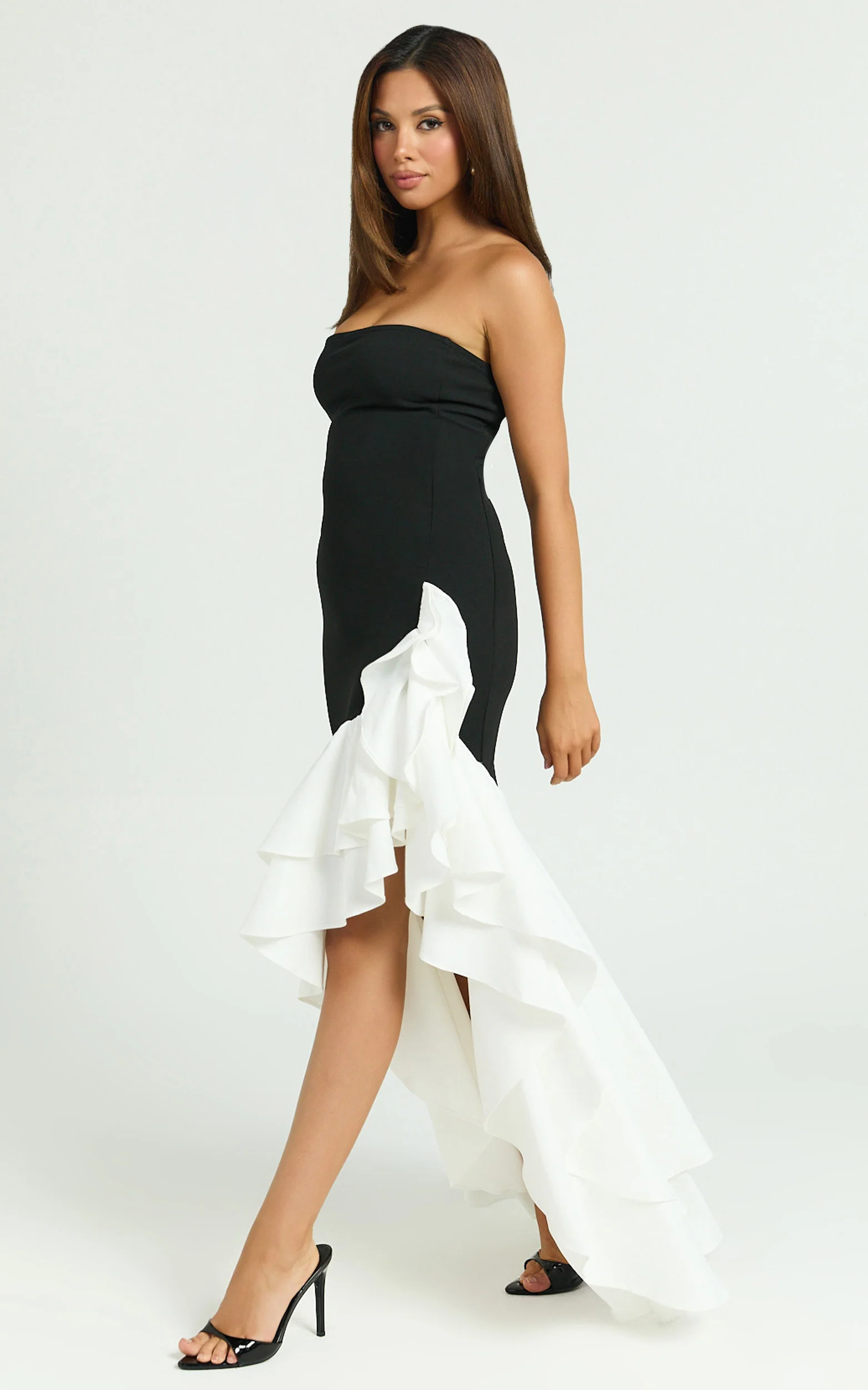 Deeyah Maxi Dress - Strapless Ruffle Detail Dress in Black & White