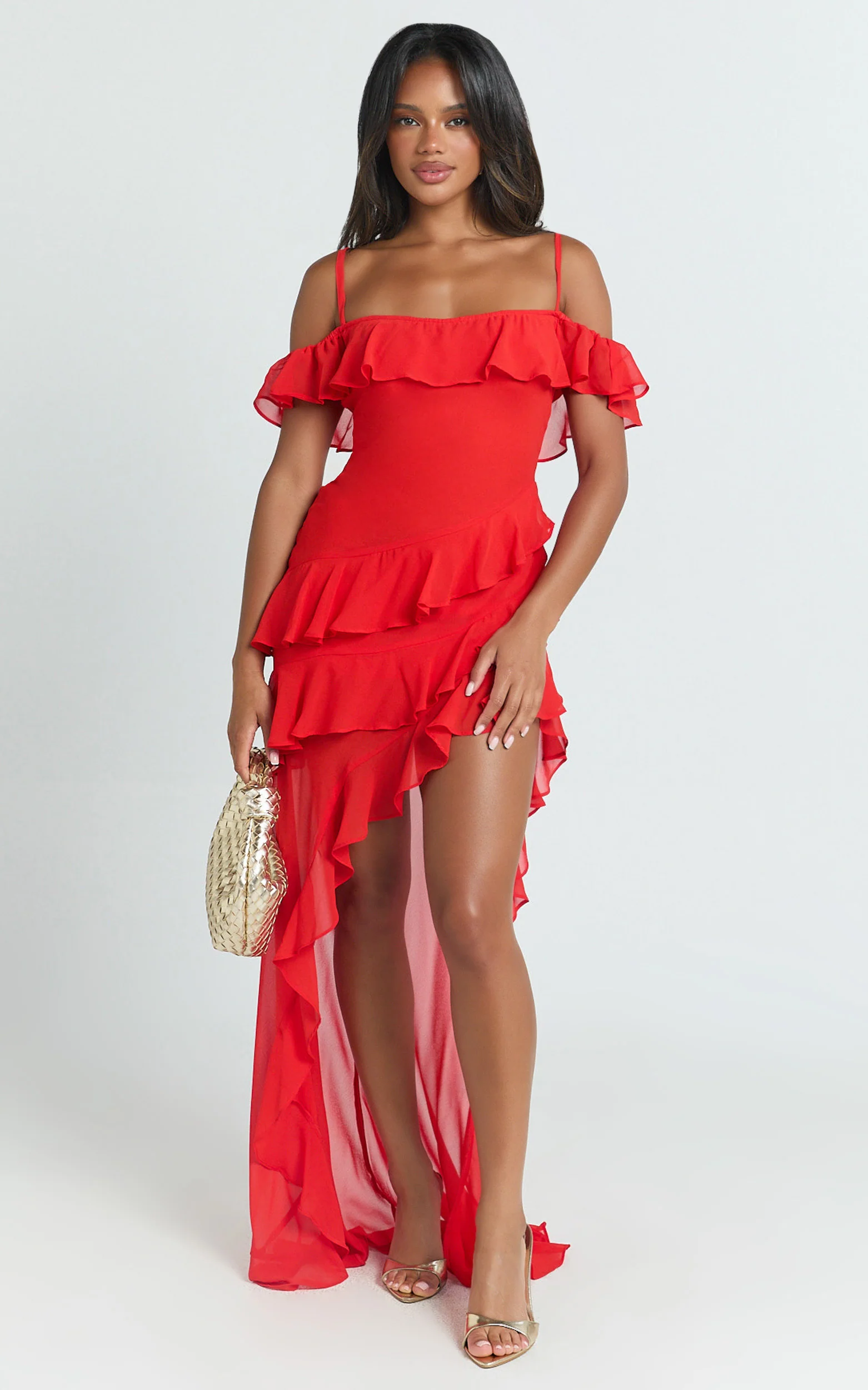 Brigitte Maxi Dress - Halter Off Shoulder Georgette Ruffle Tiered Dress in Red