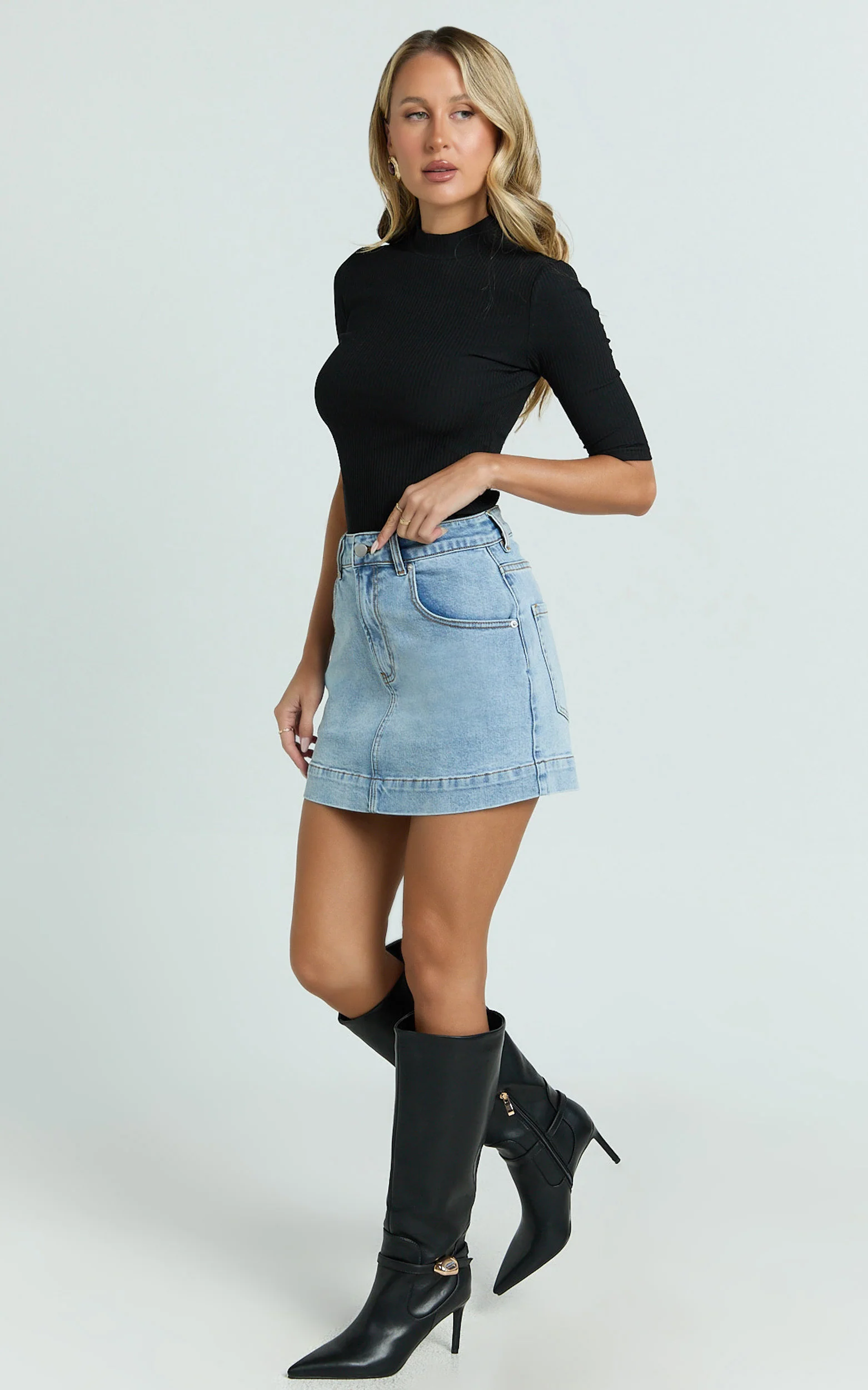 Tilda Top - High Neck Short Sleeve Fitted Top in Black