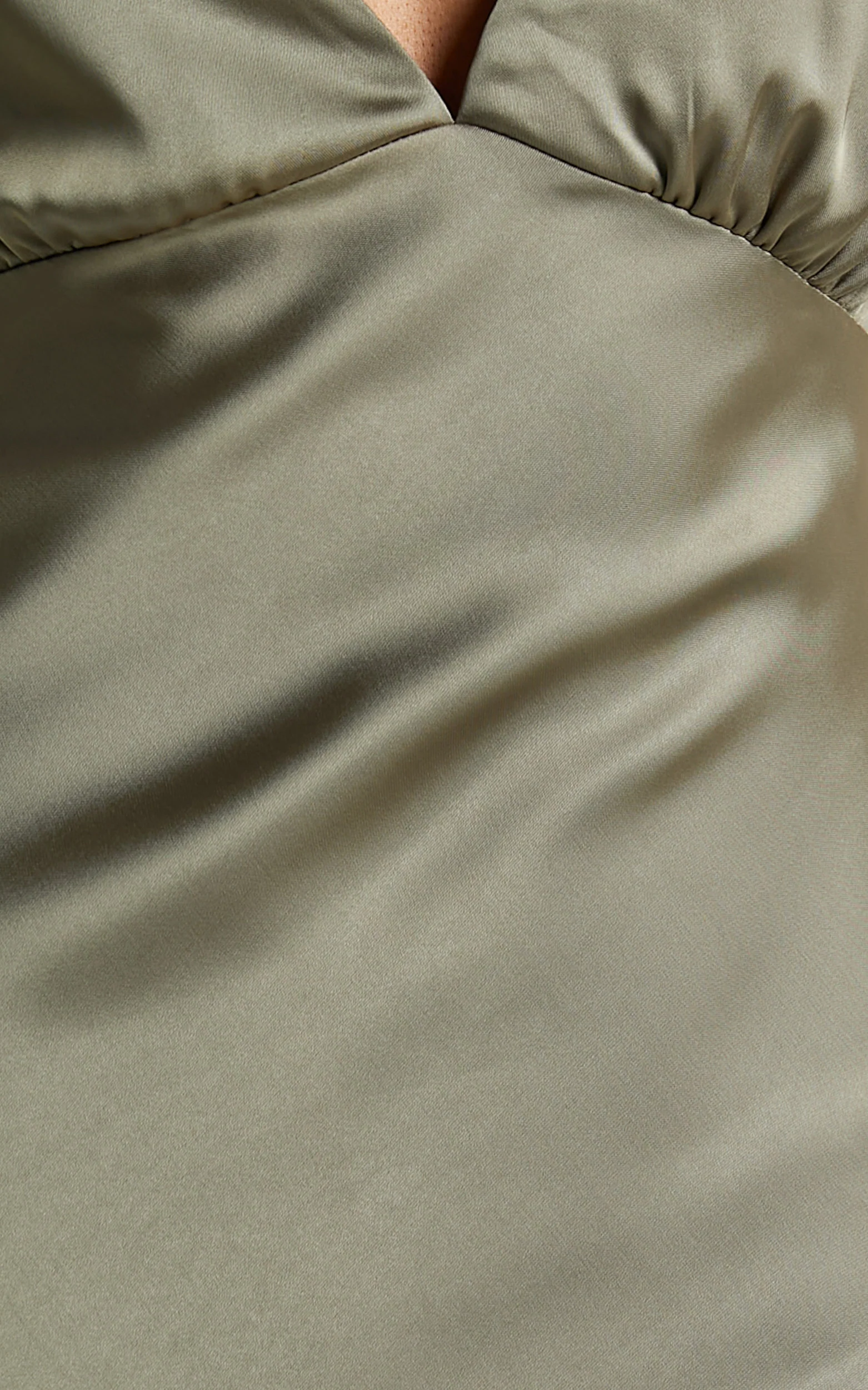 Khalani Midi Dress - Deep V Neck Satin Slip Dress in Dark Olive