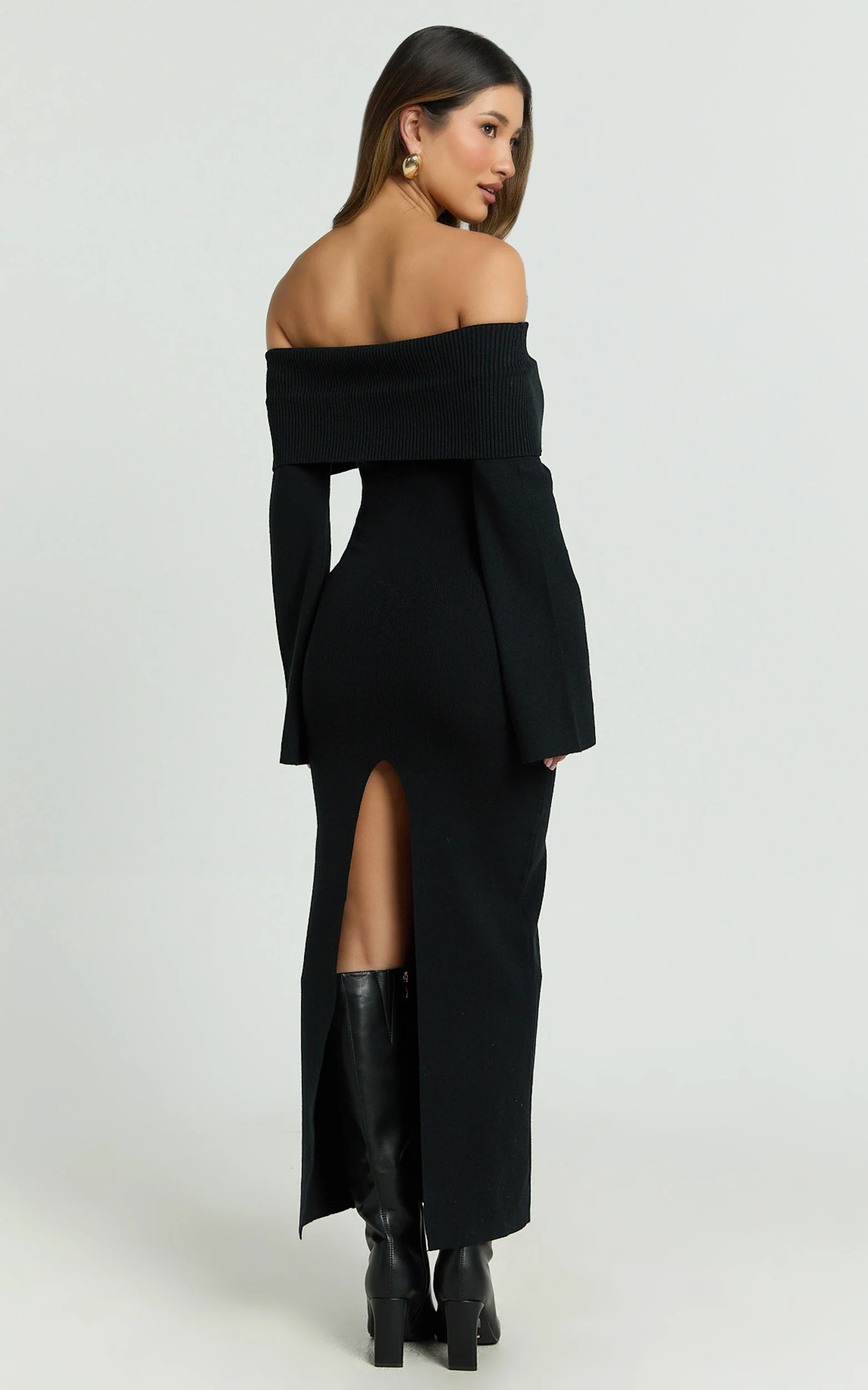 Maisie Midi Dress - Off Shoulder Long Sleeve Fitted Column Knit Dress in Black