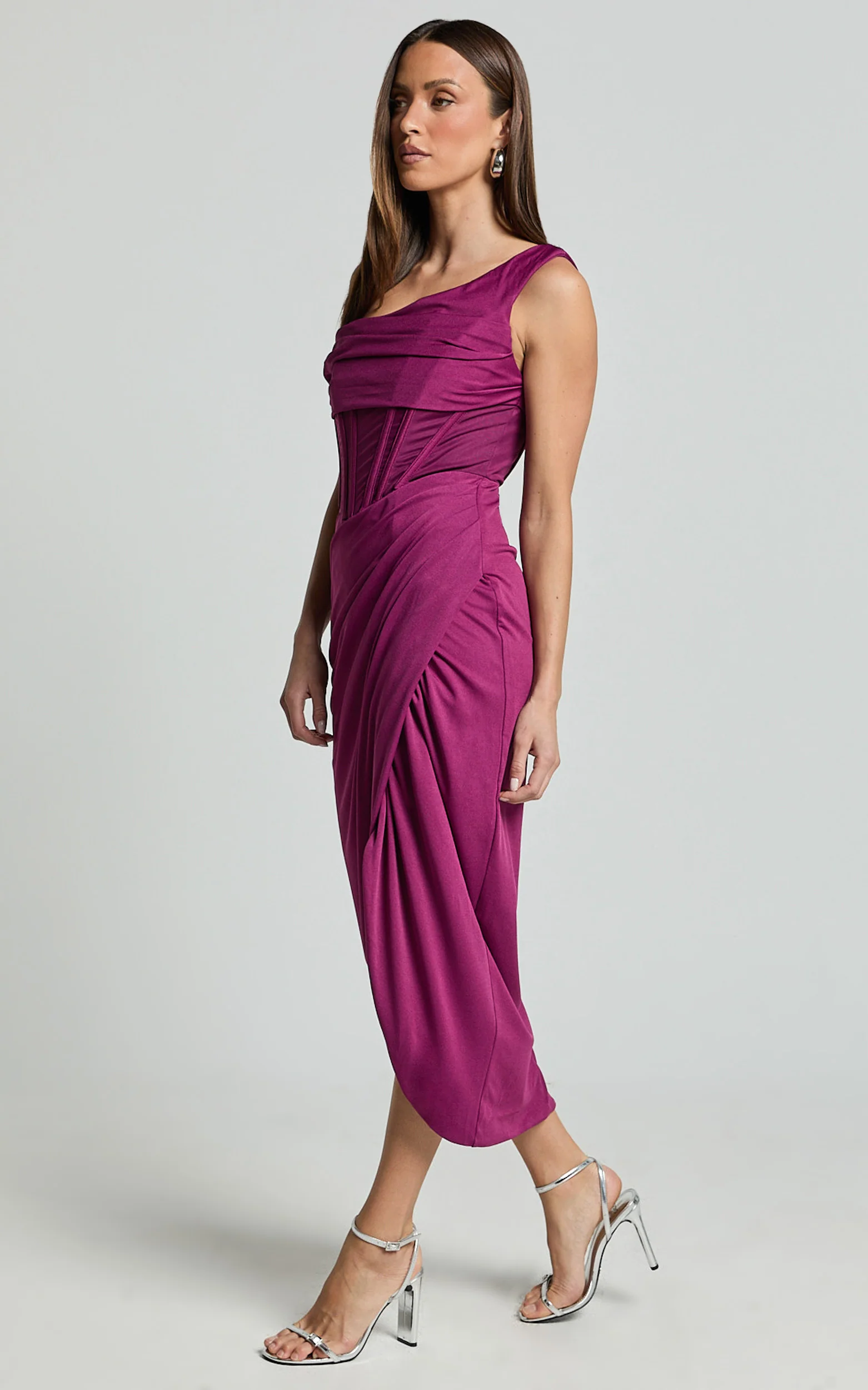 Aidia Midi Dress - Off Shoulder Draped Corset Dress in Plum