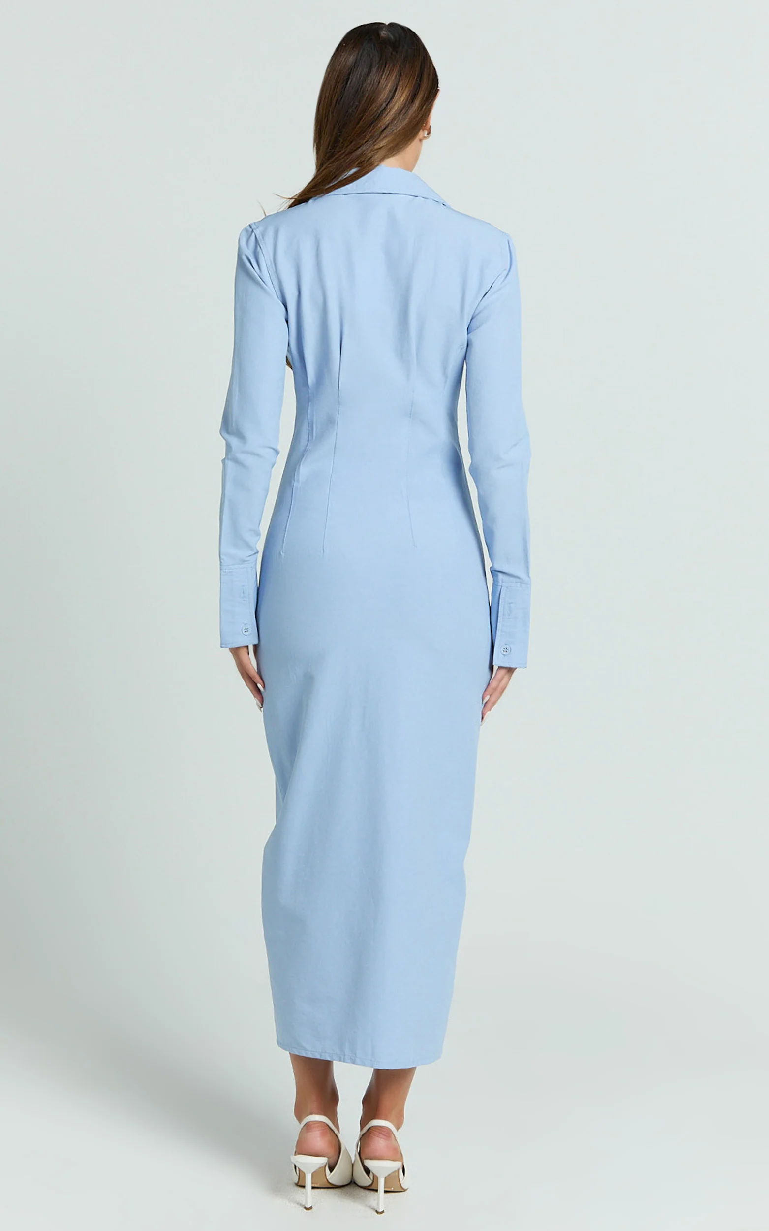 Genevieve Midi Dress - Slim Shirt Dress in Blue