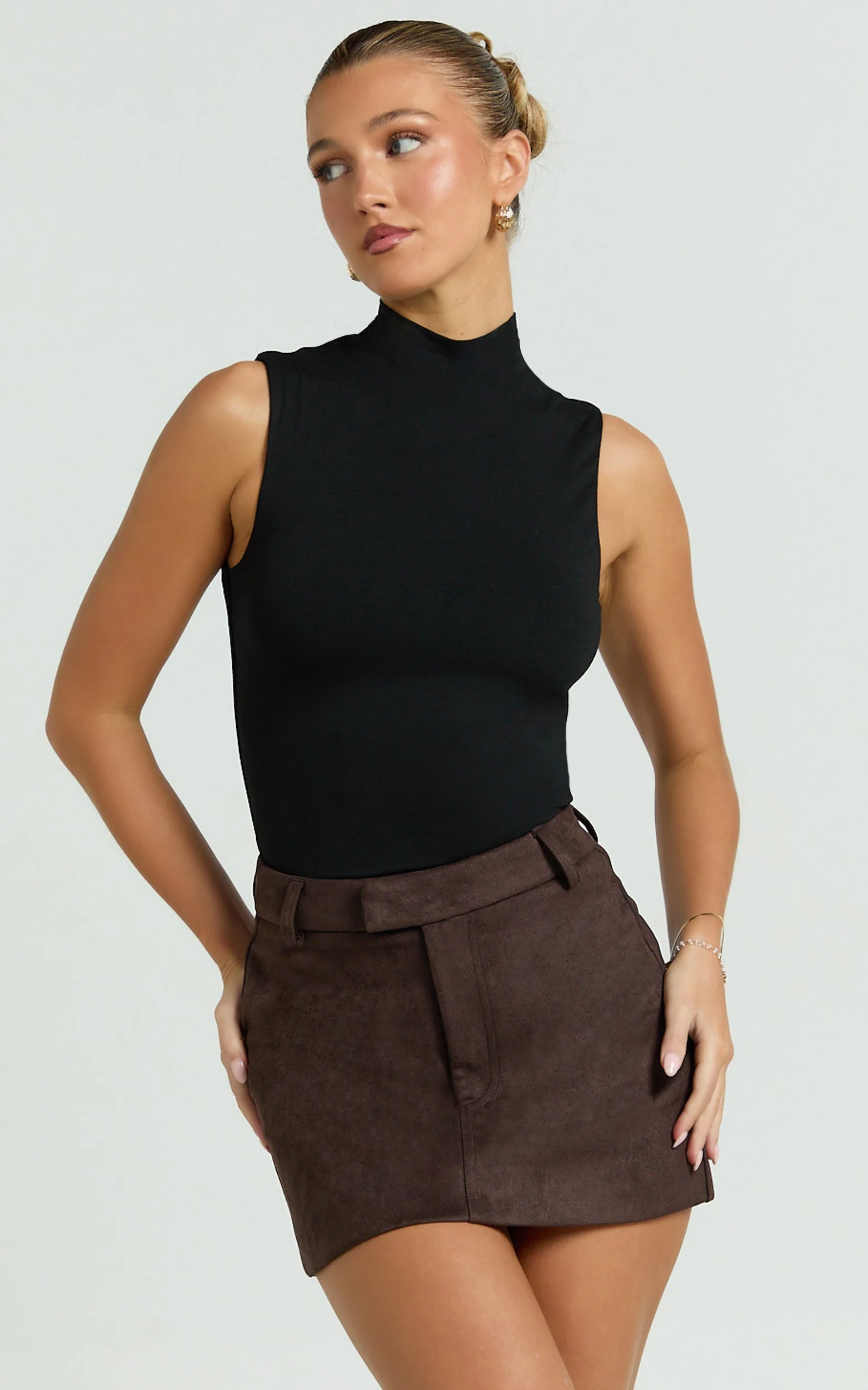 Caitlyn Top - High Neck Sleeveless Tank Top in Black