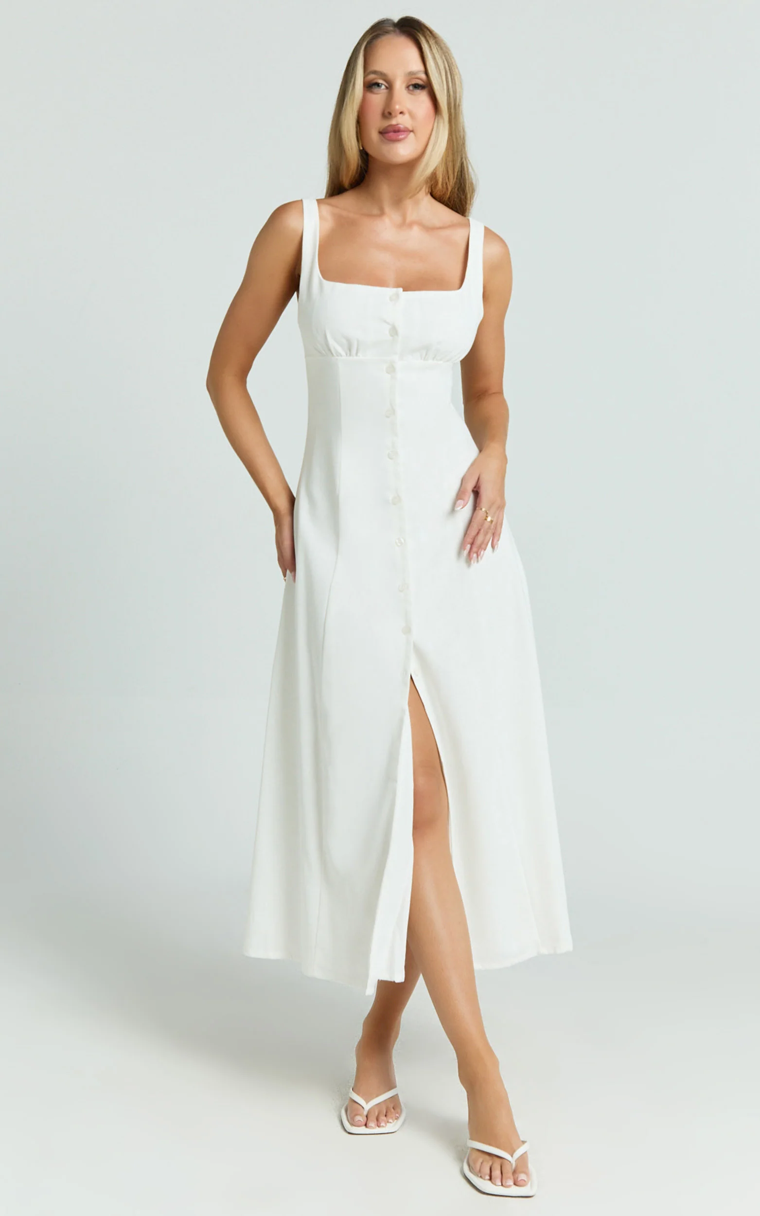Cameron Midi Dress - Button Front Tie Back Dress in White