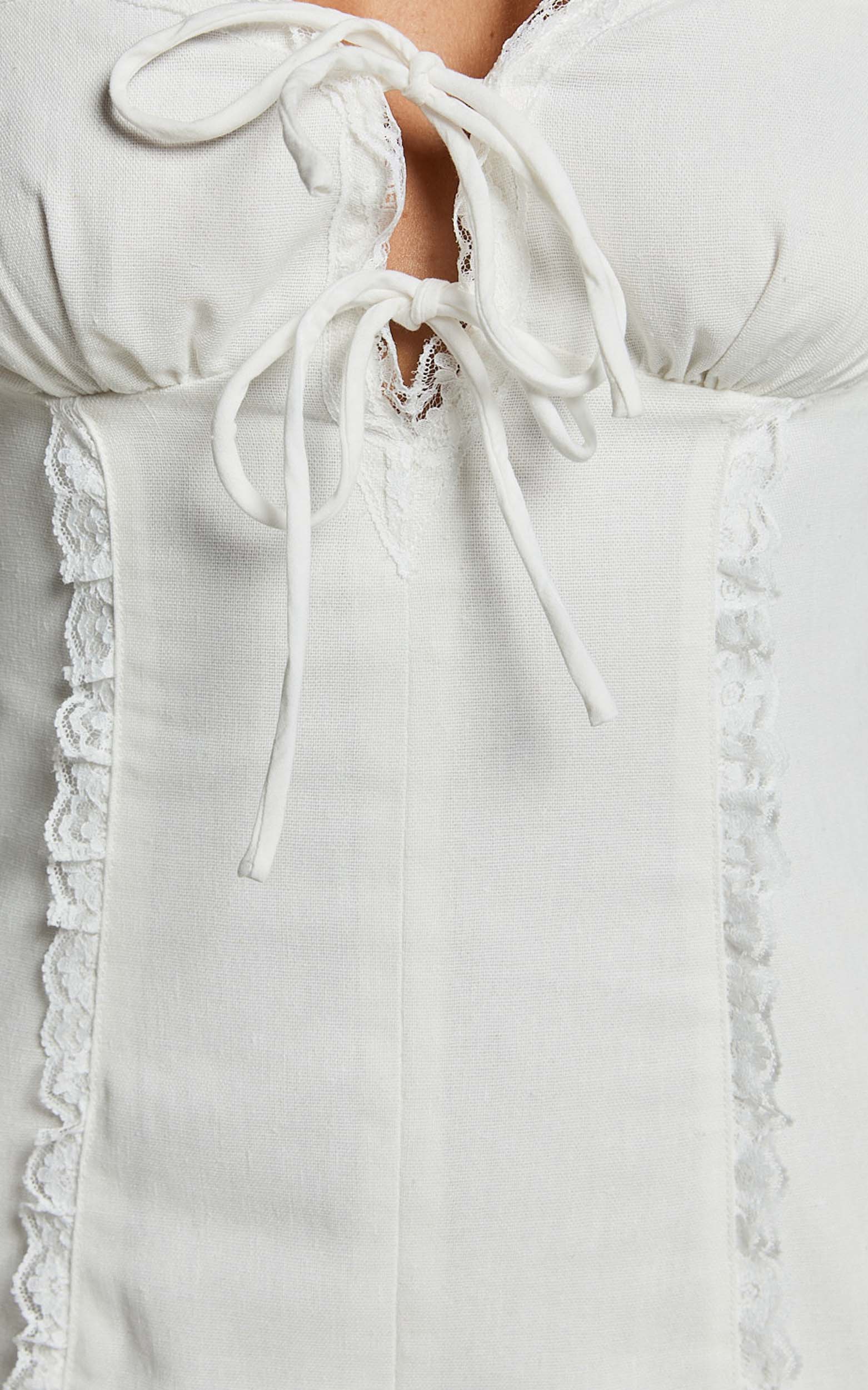 Flynn Mini Linen Blend Dress - Lace Trim Square Neck Tie Front Dress in Ivory