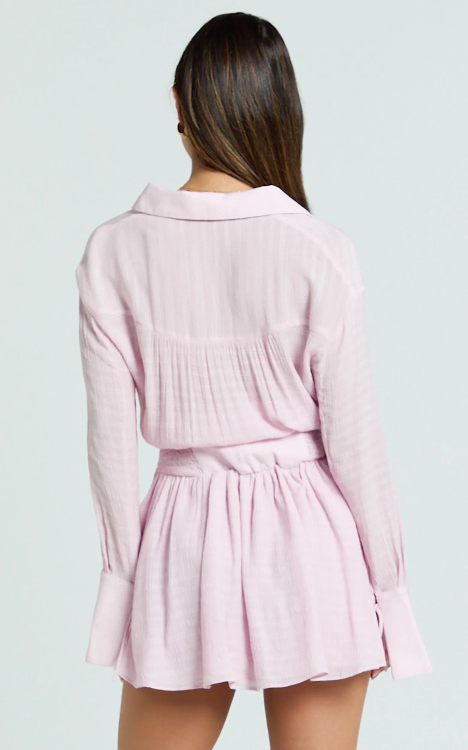 Valerie Mini Dress - Collared Long Sleeve Corset Waist Shirt Dress in Pink