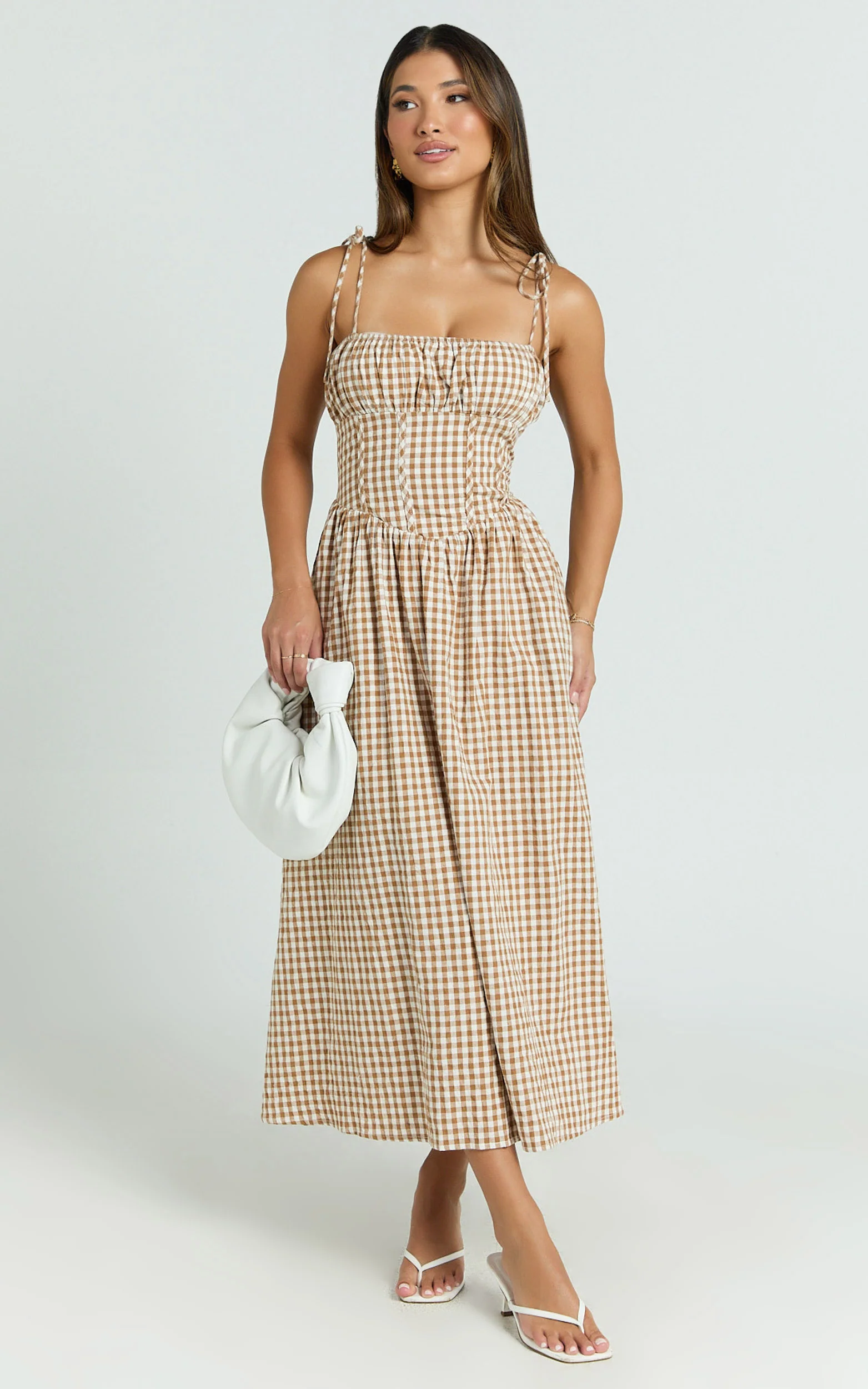Austin Midi Dress - Straight Neck Gathered Bust Fitted Corset Drop Waist Gathered Skirt Dress in Caramel and White Gingham