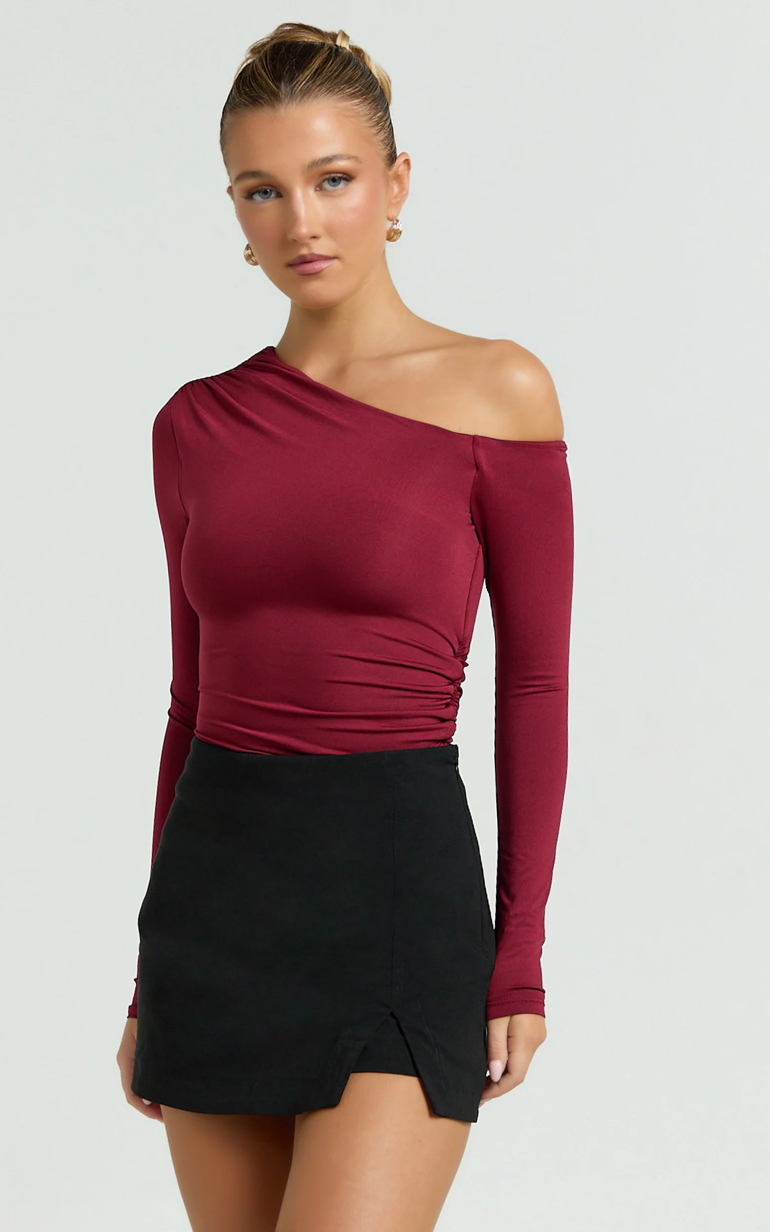 Clarence Top - Long Sleeve Off Shoulder Gathered Top in Burgundy